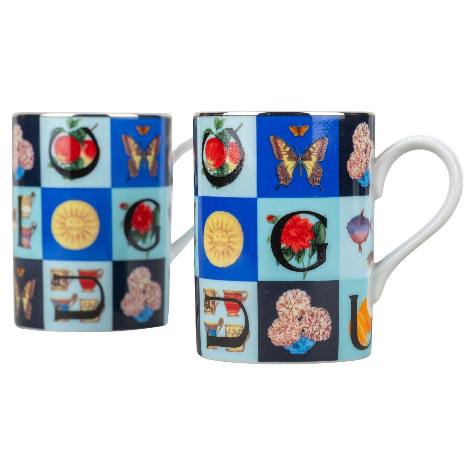 Gucci Set of 2 Multicolor Porcelain Mugs Elegant Design: Gucci Set of 2 Multicolor Porcelain Mugs Elegant Design Enhance your tea time with this exquisite set of two multicolor porcelain mugs by Gucci. Crafted with attention to detail, these mugs feature a