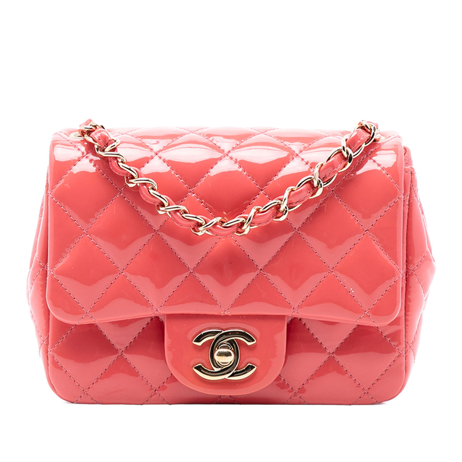 Pink Chanel Mini Square Patent Leather Quilted Flap Bag with Chain Strap: Pink Chanel Mini Square Patent Leather Quilted Flap Bag with Chain Strap This Chanel Mini Square Classic Patent Single Flap bag is crafted from quilted pink patent leather and features a leather-woven