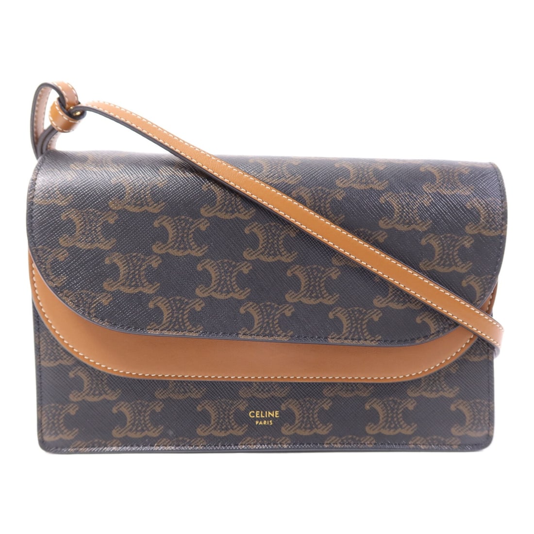 Celine Triomphe Brown Coated Canvas Calfskin Wallet Shoulder Bag with Strap: Celine Triomphe Brown Coated Canvas Calfskin Wallet Shoulder Bag with Strap This Celine Triomphe Wallet On Strap shoulder bag is crafted from brown calfskin (cowhide) and coated canvas. It features a