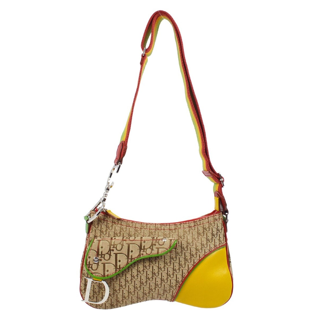 Dior Saddle Shoulder Bag Rasta Color Canvas and Leather 08RU 0034: Dior Saddle Shoulder Bag Rasta Color Canvas and Leather 08RU 0034 This Christian Dior Rasta-Color Trotter Saddle Shoulder Bag features a canvas leather exterior in beige, red, yellow, and green. The m