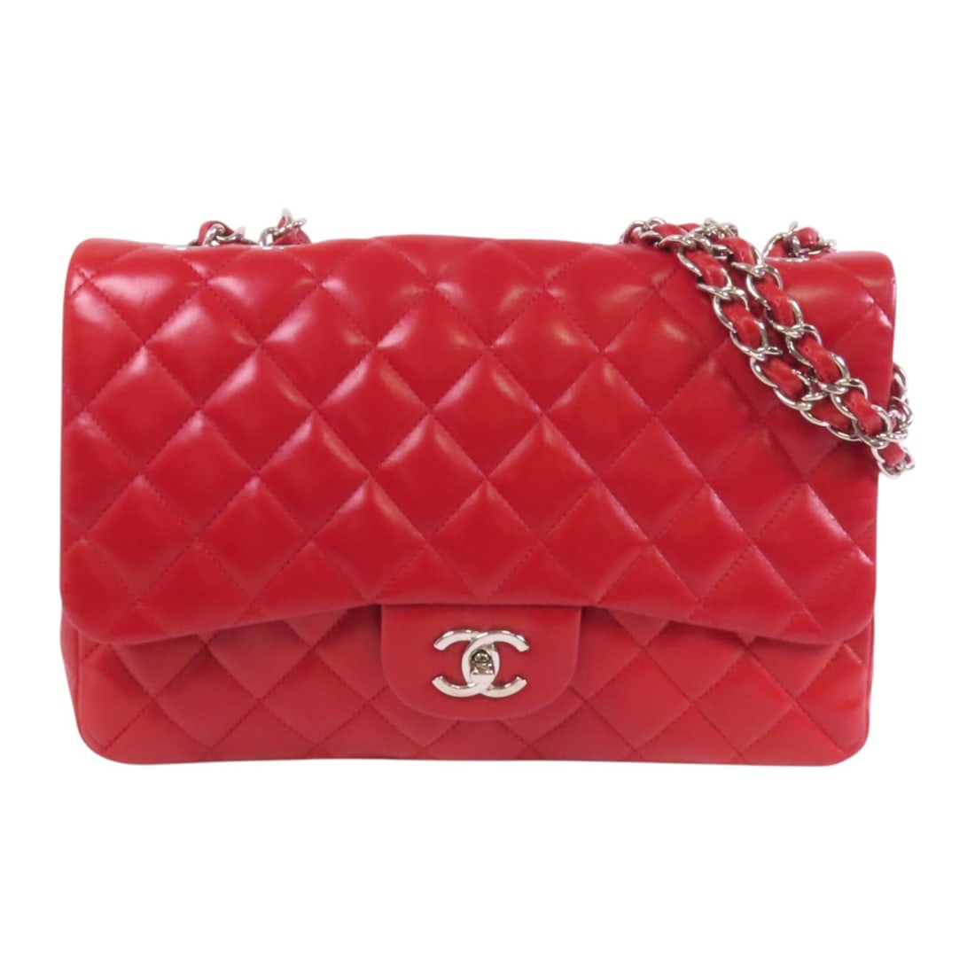 CHANEL Large Classic Chain Shoulder Bag Red Lambskin Leather: CHANEL Large Classic Chain Shoulder Bag Red Lambskin Leather This CHANEL Large Classic Chain Shoulder Bag features a luxurious lambskin leather exterior in a vibrant red hue. The bag is designed for s