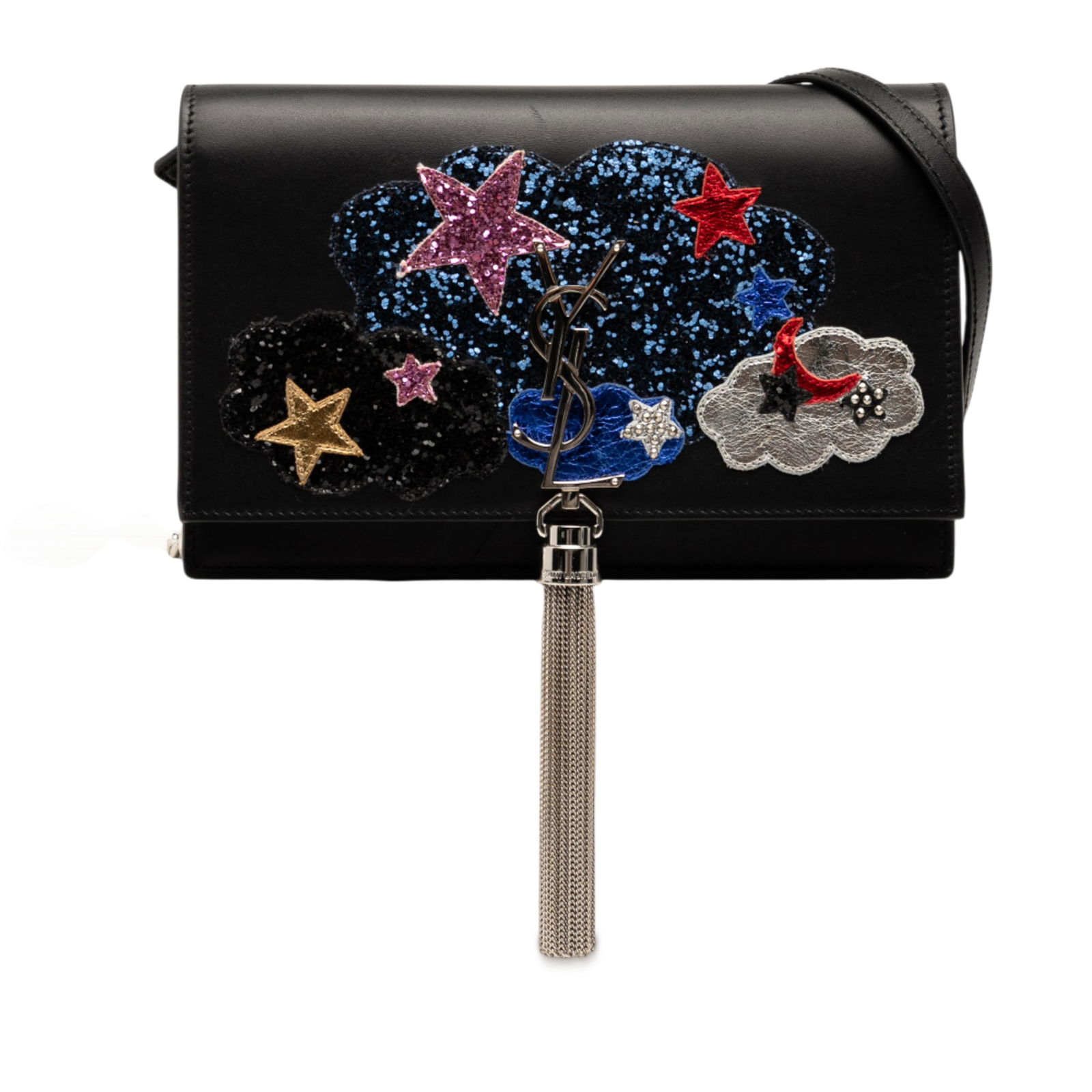 Saint Laurent Black Calfskin Cloud Star Kate Wallet on Chain: Saint Laurent Black Calfskin Cloud Star Kate Wallet on Chain This Saint Laurent Kate wallet on chain is a stunning accessory crafted from premium black calfskin leather. It features a chic tassel and