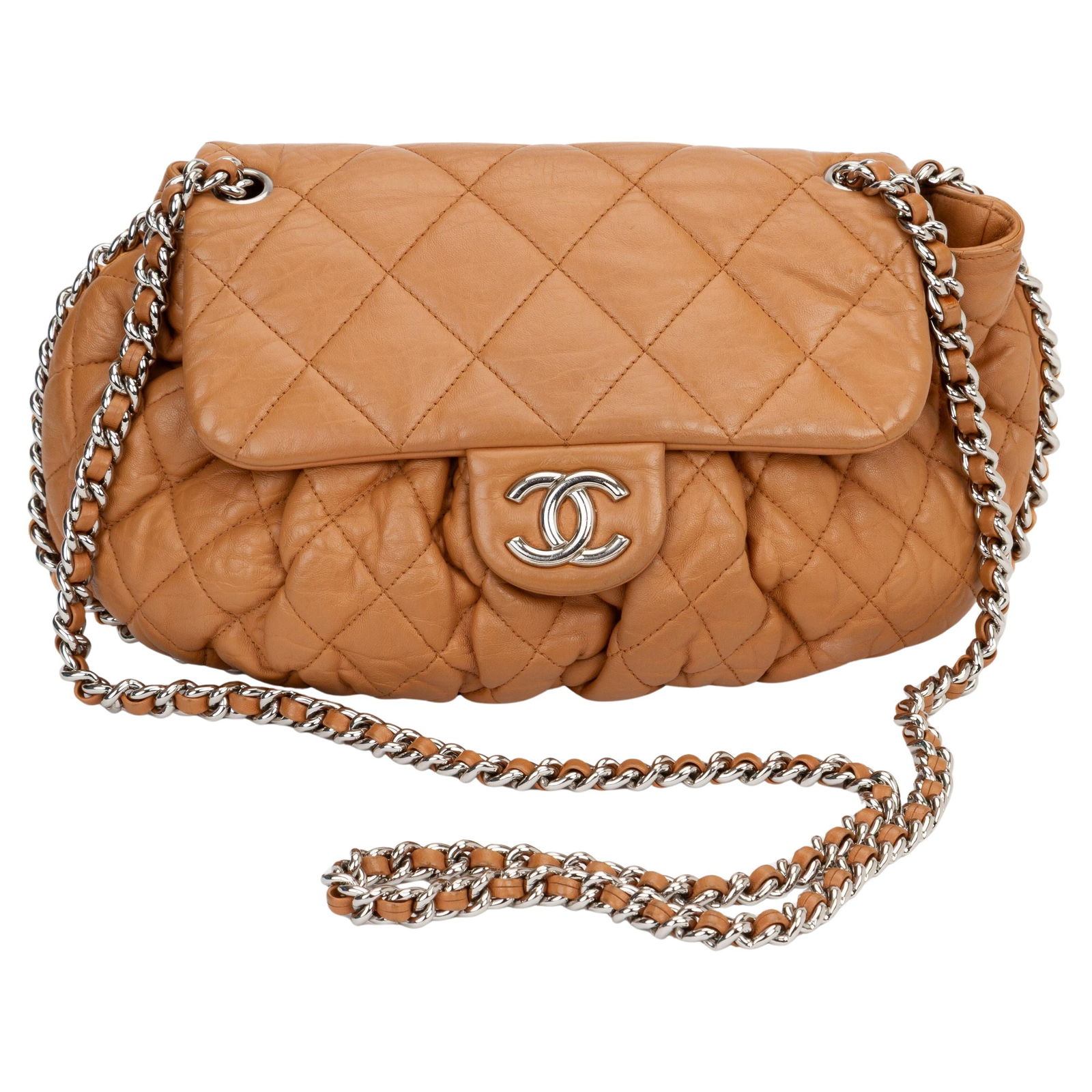 Chanel Mini Crossbody Bag Caramel Lambskin Silver Hardware: Chanel Mini Crossbody Bag Caramel Lambskin Silver Hardware Introducing the Chanel Mini Chain-Around Crossbody Bag, a luxurious accessory crafted from sumptuous caramel lambskin. This stylish bag featu