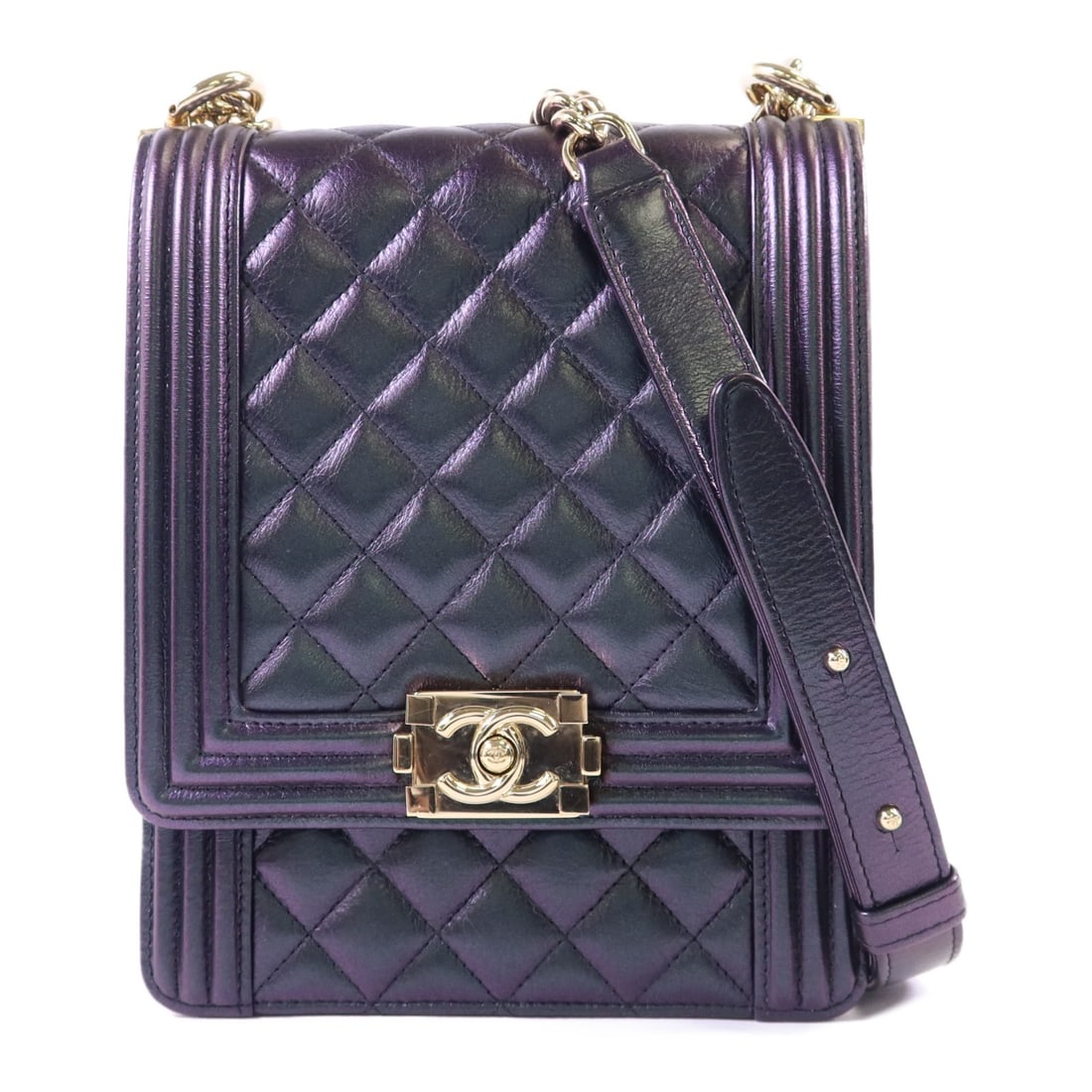 Chanel Boy North South Shoulder Bag Metallic Black Calfskin Gold Hardware: Chanel Boy North South Shoulder Bag Metallic Black Calfskin Gold Hardware This CHANEL Boy Chanel North South shoulder bag features metallic black calfskin leather and is designed with the iconic CC lo