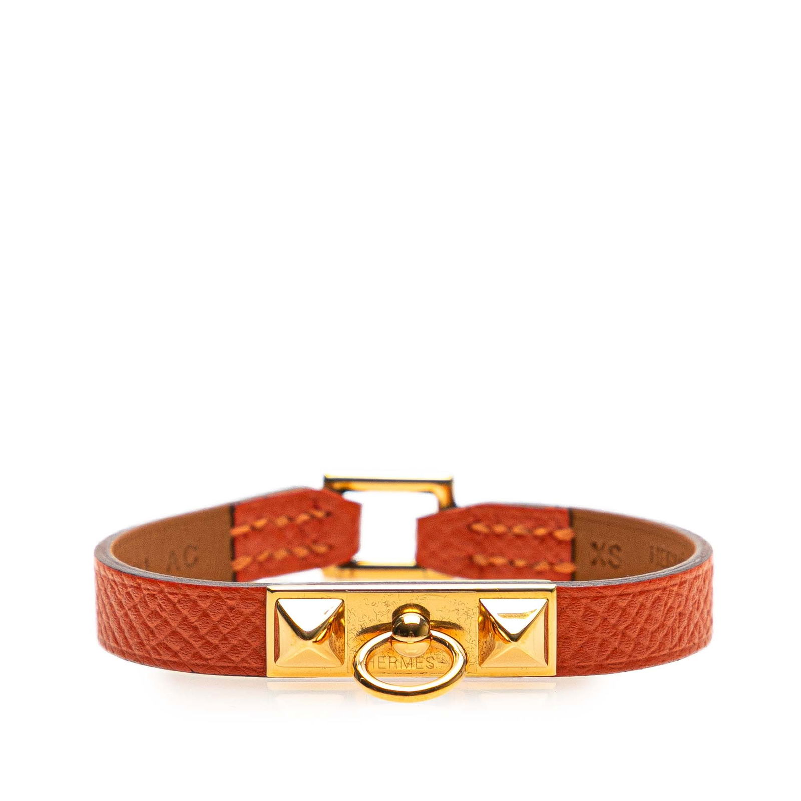 Hermes Epsom Rivale Mini Bracelet Orange Leather Gold Tone: Hermes Epsom Rivale Mini Bracelet Orange Leather Gold Tone The Hermes Epsom Rivale Mini Bracelet is a chic accessory crafted from Epsom leather, showcasing a vibrant orange color. It features elegant