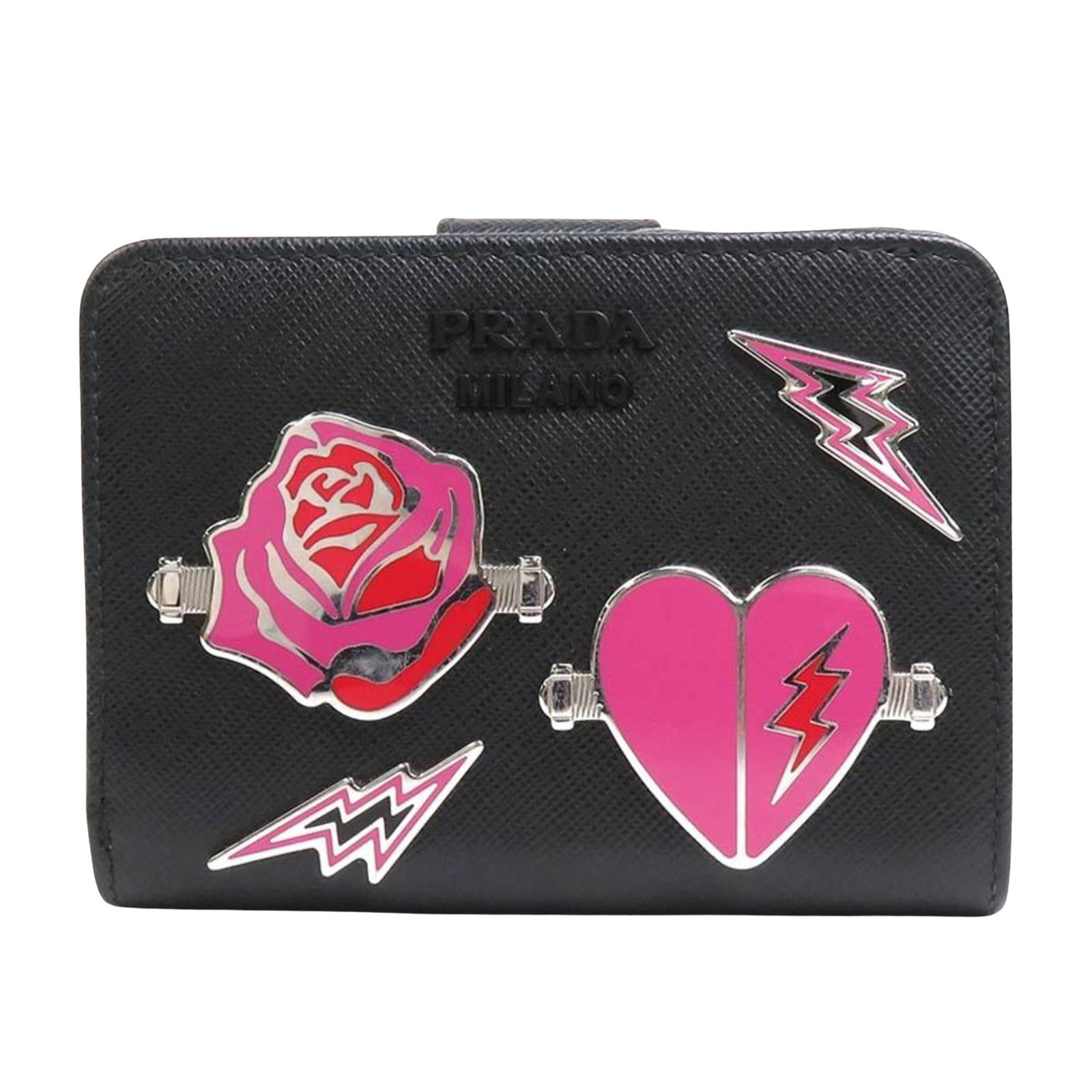 Black Saffiano Leather Women's Wallet by Prada: Black Saffiano Leather Women's Wallet by Prada This Prada Saffiano bi-fold wallet for women showcases a sleek black leather exterior with metal accents. The wallet is in very good condition, exhibitin