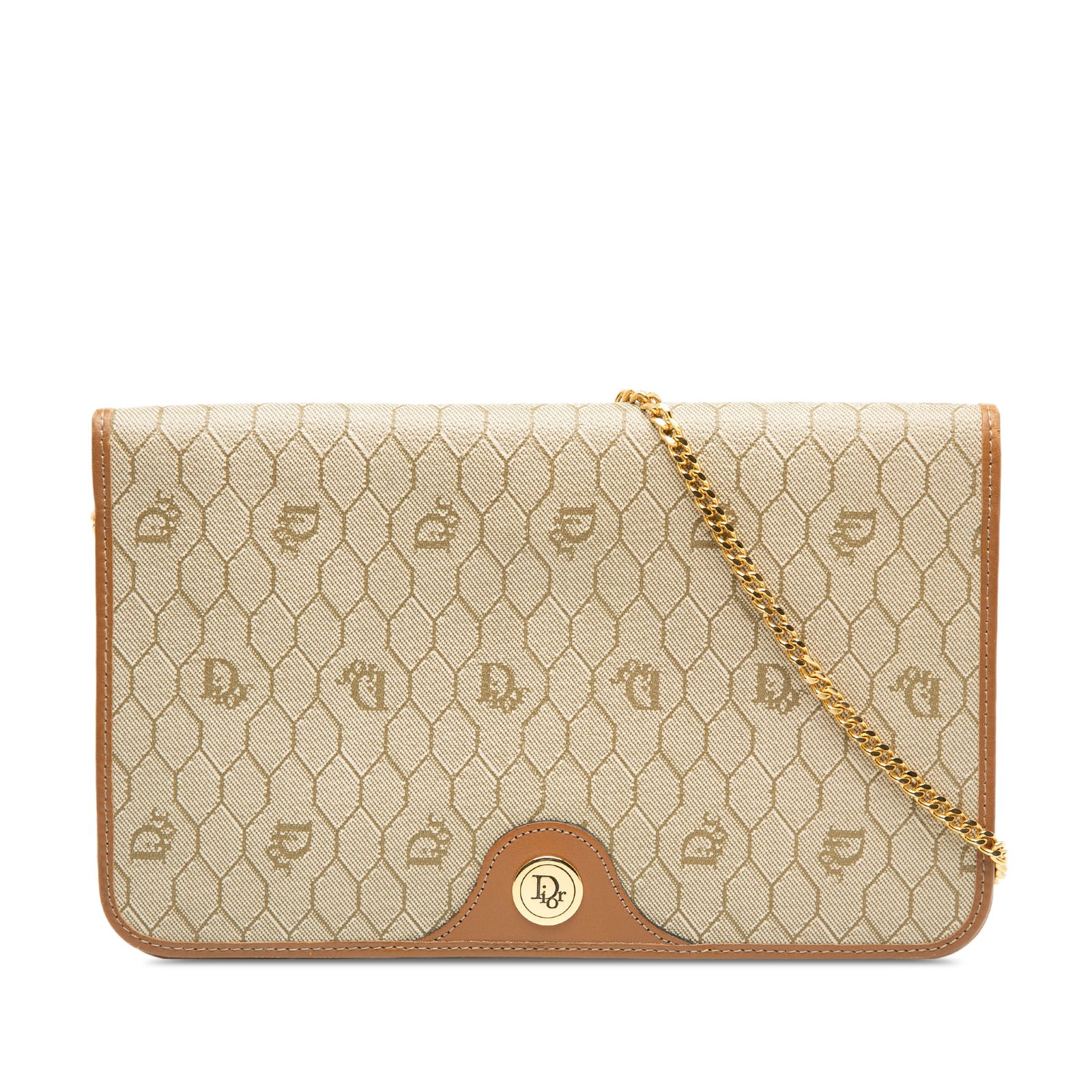 Dior Brown Honeycomb Pattern Coated Canvas Chain Shoulder Bag: Dior Brown Honeycomb Pattern Coated Canvas Chain Shoulder Bag This Dior Honeycomb shoulder bag features a brown coated canvas body with the iconic honeycomb pattern, a chain shoulder strap, and a flap