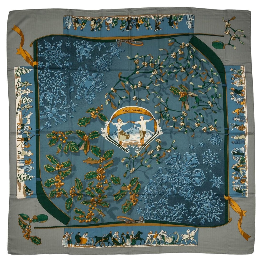 Hermes Niege d'Antan Silk Cashmere Shawl Grey Blue 54in: Hermes Niege d'Antan Silk Cashmere Shawl Grey Blue 54in This exquisite Hermes collectible shawl features the "Niege d'Antan" design, crafted from a luxurious blend of silk and cashmere. The elegant gr