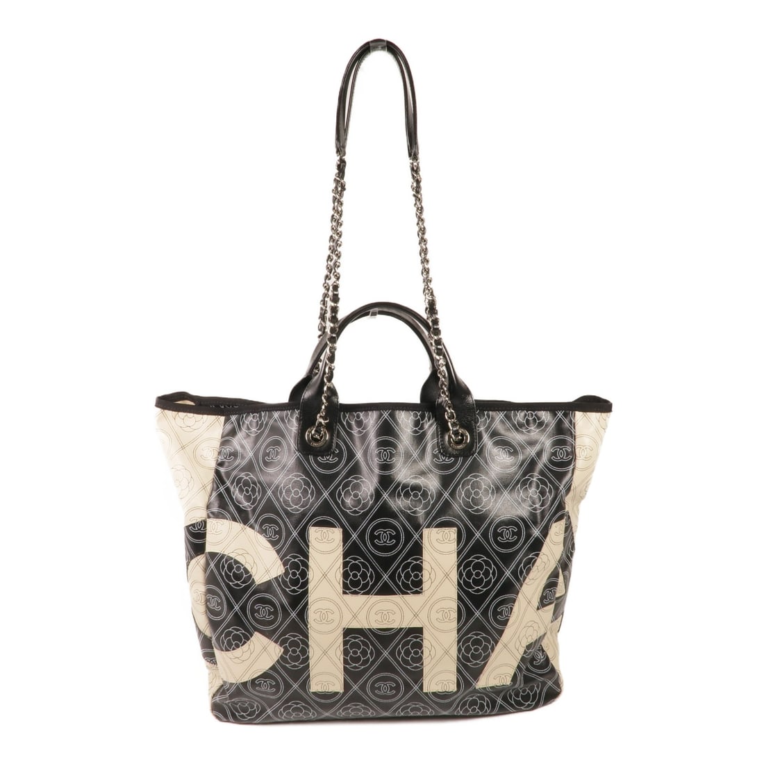 CHANEL 2 Way Shoulder Tote Bag Black Beige PVC Coated Canvas: CHANEL 2 Way Shoulder Tote Bag Black Beige PVC Coated Canvas Introducing a sophisticated 2-way shoulder tote bag from CHANEL, crafted from durable PVC coated canvas in a classic black exterior. This s