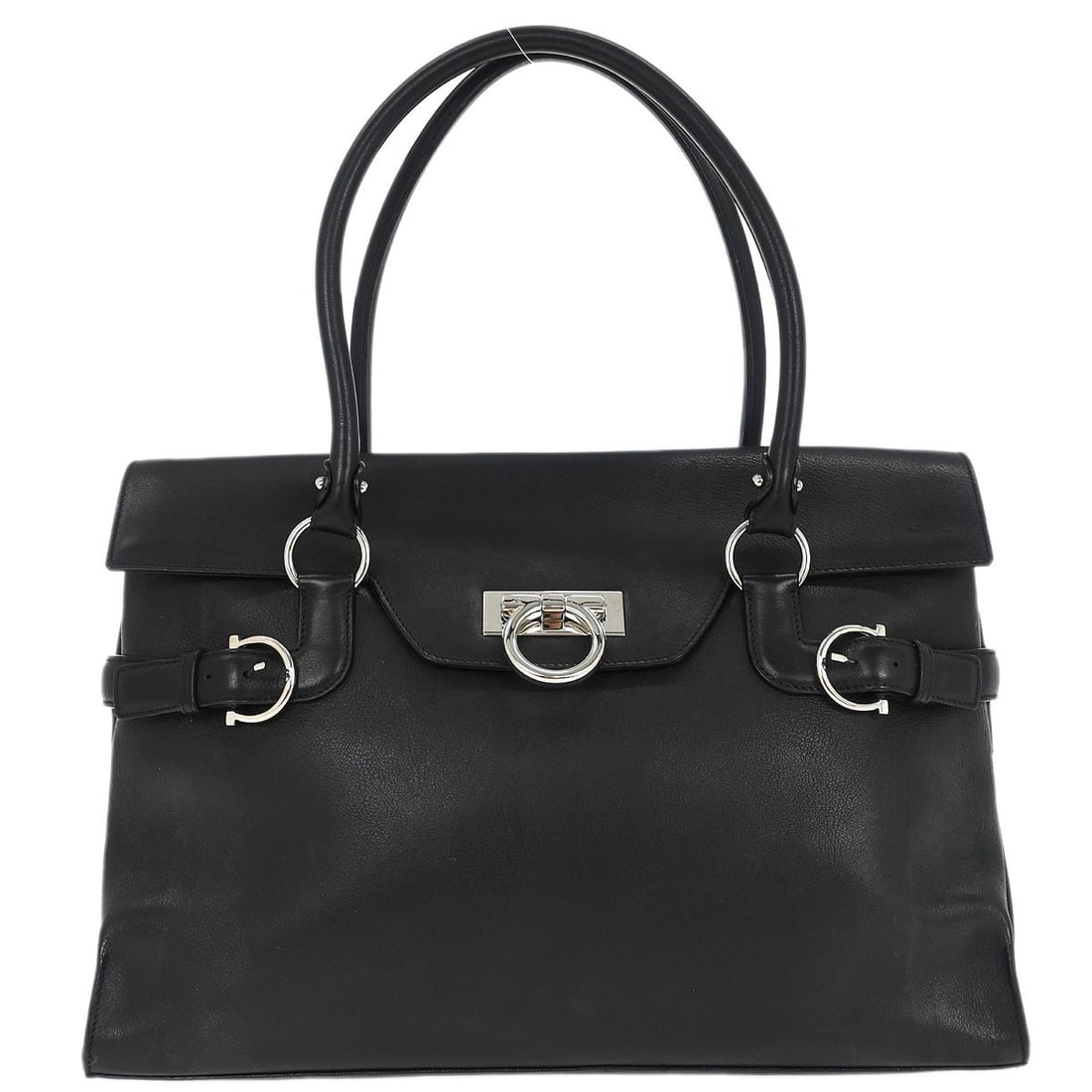 Black Leather Gancini Top Handle Bag by Salvatore Ferragamo DY-21 5354: Black Leather Gancini Top Handle Bag by Salvatore Ferragamo DY-21 5354 This Salvatore Ferragamo Gancini handbag features black leather construction with a top handle design and logo accents. With a me