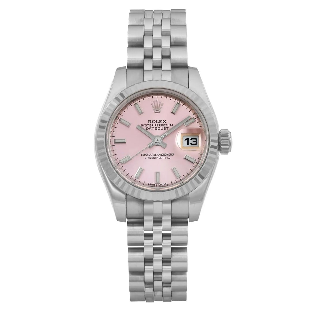 Rolex Lady-Datejust 26mm Pink Dial Stainless Steel and White Gold Automatic Watch: Rolex Lady-Datejust 26mm Pink Dial Stainless Steel and White Gold Automatic Watch This Rolex Lady-Datejust wristwatch features a 26mm polished stainless steel case with an 18K white gold fluted fixed