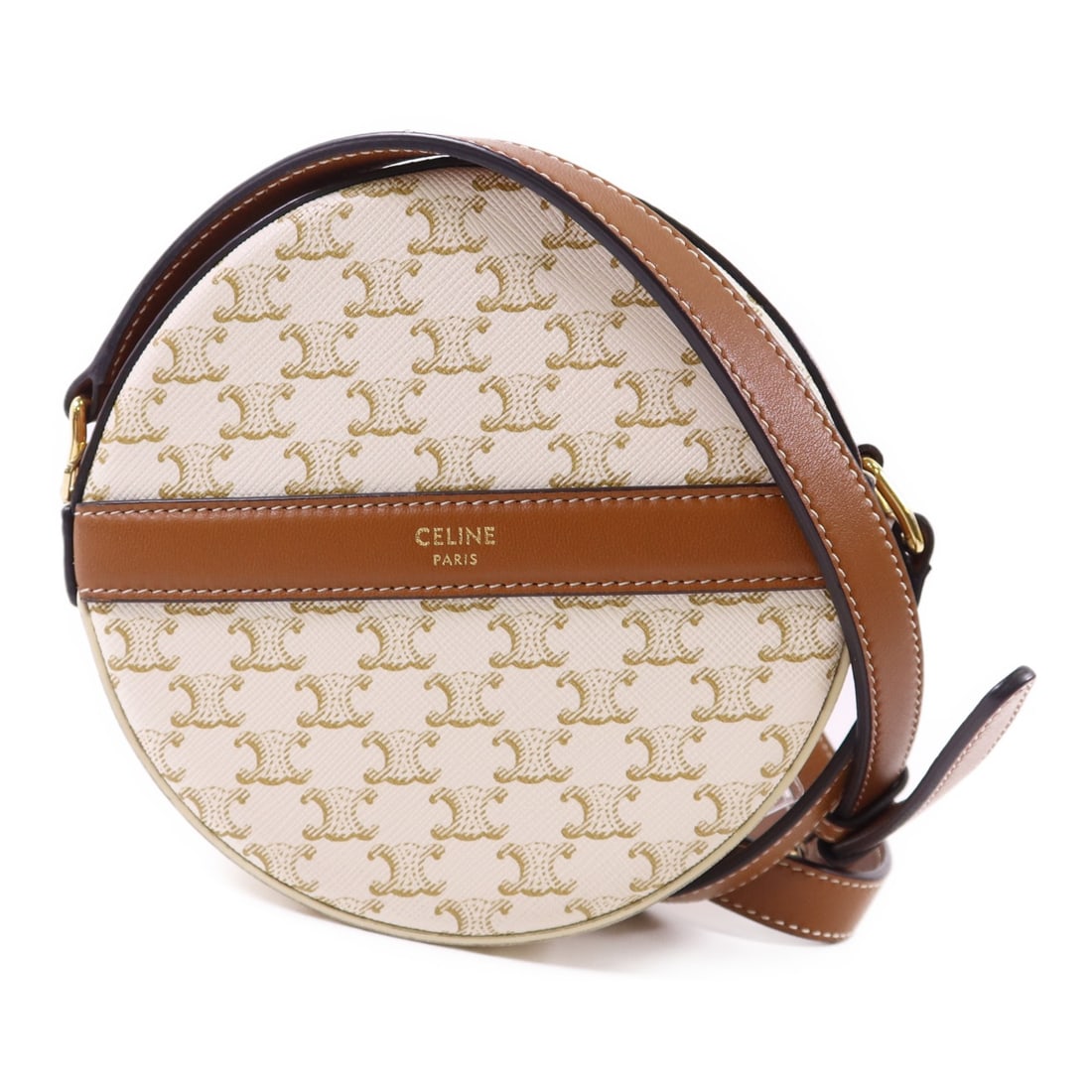 CELINE Triomphe White Shoulder Bag PVC Coated Canvas GHW: CELINE Triomphe White Shoulder Bag PVC Coated Canvas GHW Elevate your style with the CELINE Triomphe Round Shoulder Bag, crafted from durable PVC coated canvas in a pristine white hue. This chic shoul