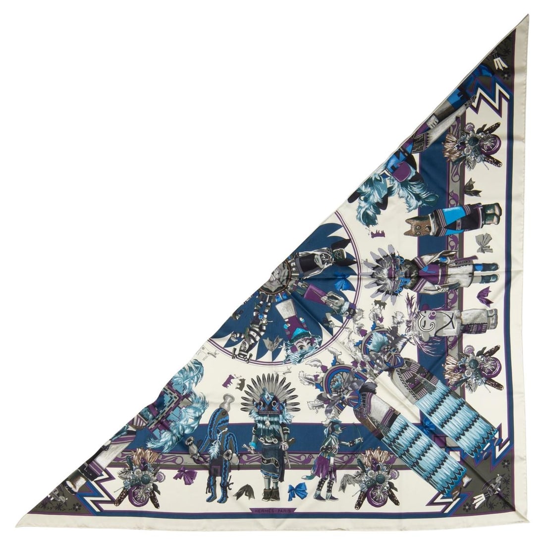 Hermes Kachinas Triangle Scarf by Kermit Oliver 100% Silk: Hermes Kachinas Triangle Scarf by Kermit Oliver 100% Silk Elevate your accessory collection with this exquisite Hermes "Kachinas" Pointe Triangle Scarf by Kermit Oliver. Crafted from 100% silk, this s