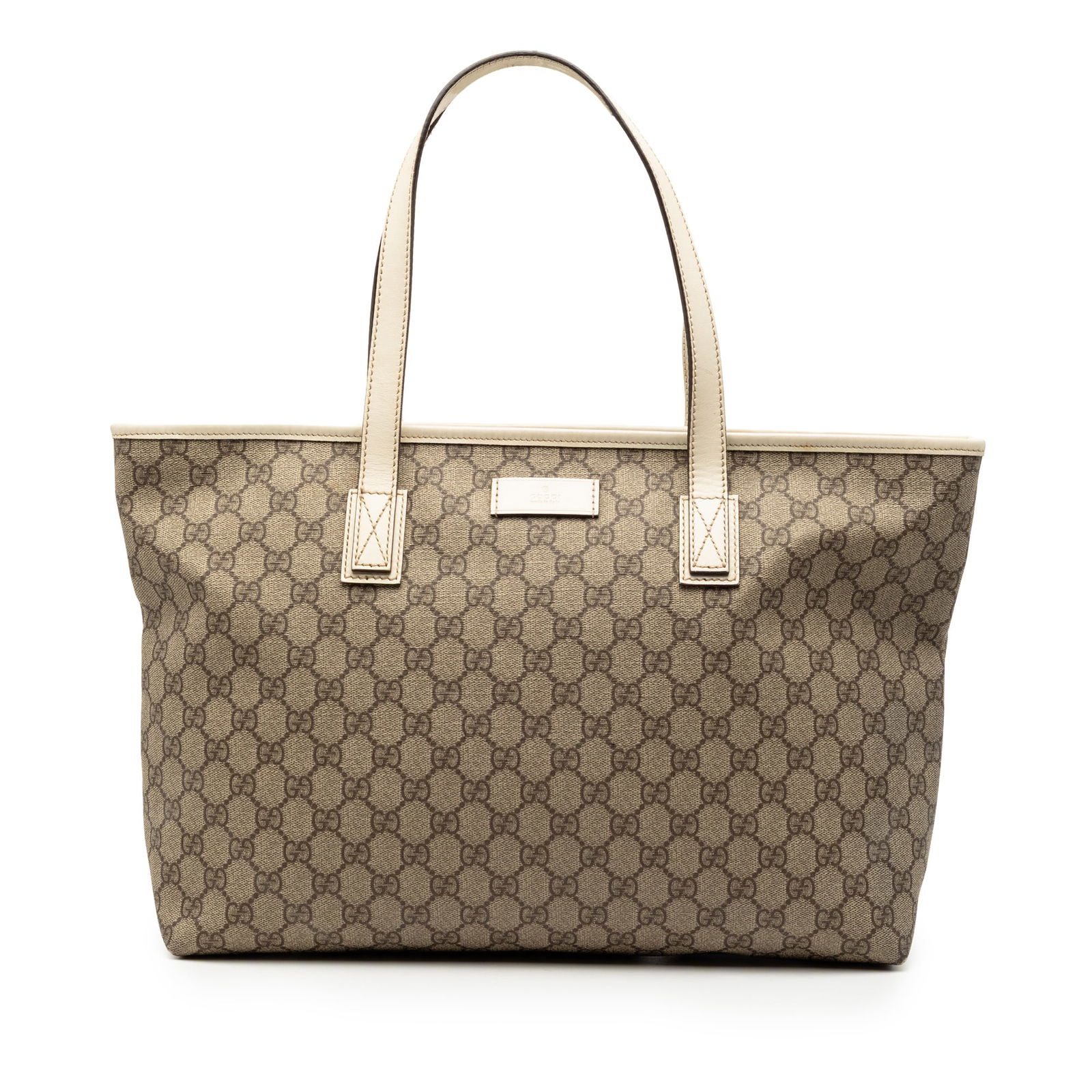 Brown GG Supreme Joy Tote Bag by Gucci in Coated Canvas: Brown GG Supreme Joy Tote Bag by Gucci in Coated Canvas This Gucci GG Supreme Joy Tote is crafted from coated canvas with flat leather straps and features a top zip closure. The interior offers both s