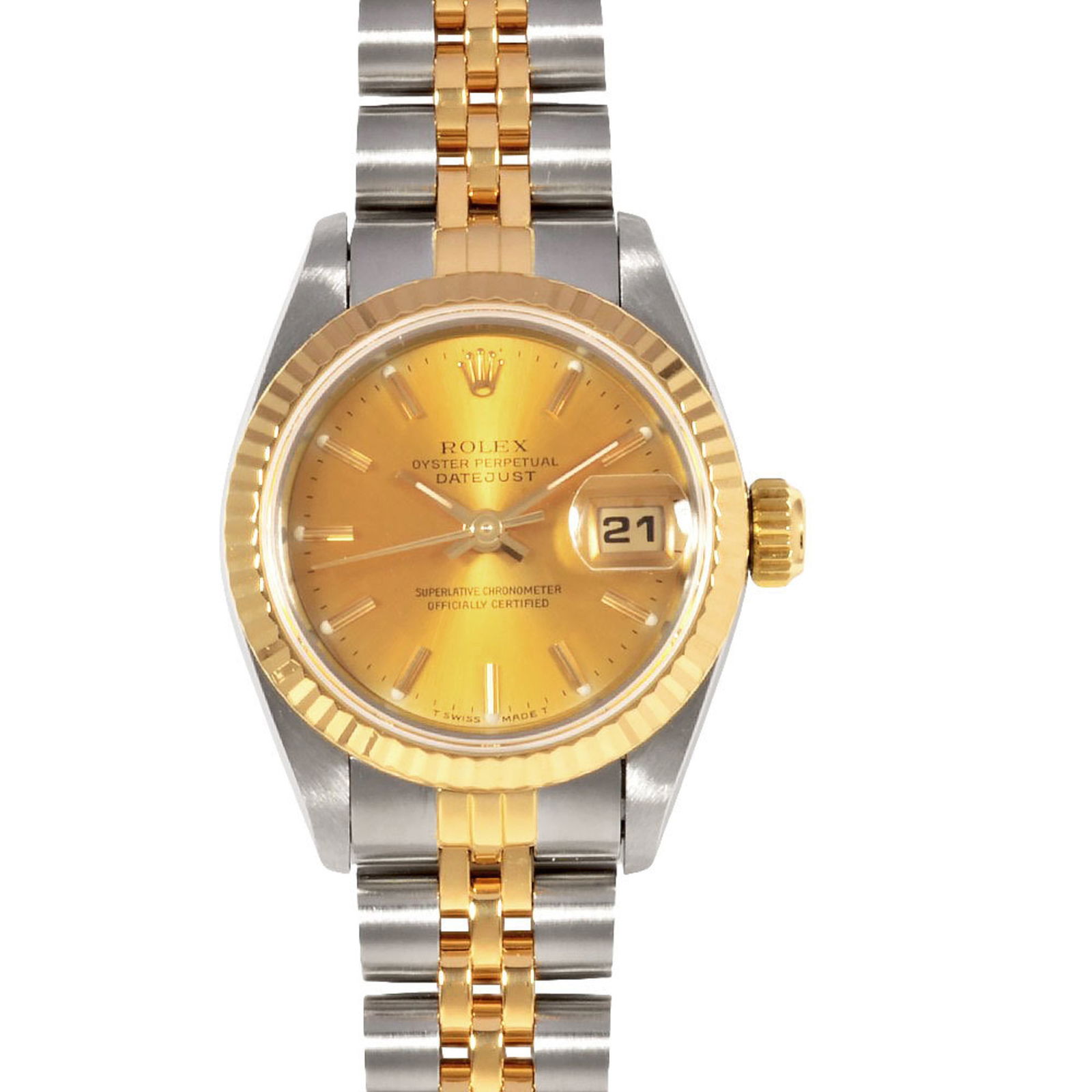 Gold and Steel Rolex Datejust Women's Watch 26mm Swiss Made: Gold and Steel Rolex Datejust Women's Watch 26mm Swiss Made This Rolex Datejust is a women's wristwatch featuring a gold and steel construction. The watch presents a gold color and has been overhauled