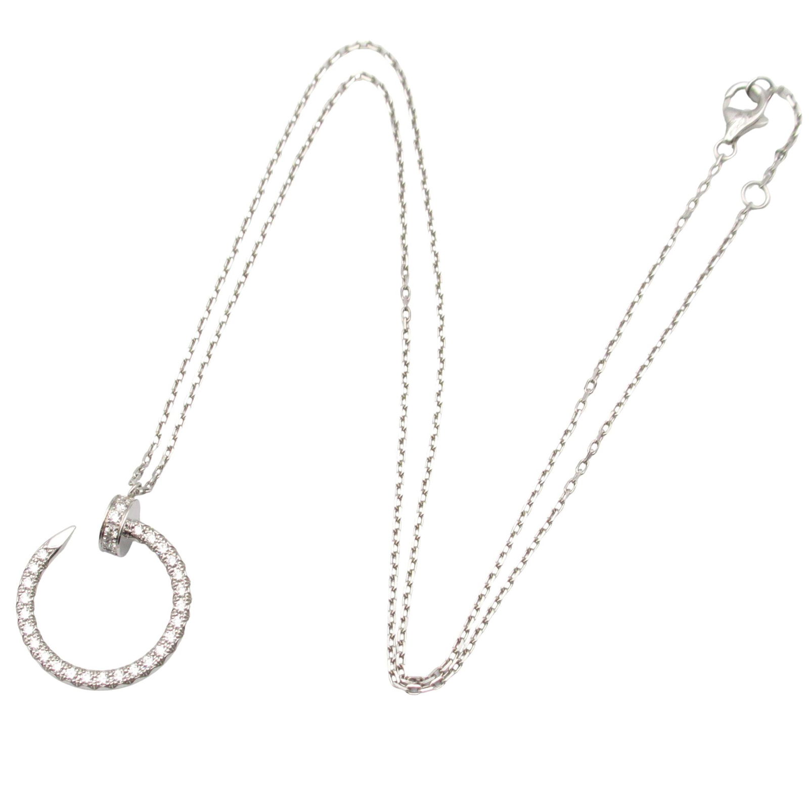 White Gold Cartier Juste un Clou Necklace 43-44.5 cm France: White Gold Cartier Juste un Clou Necklace 43-44.5 cm France This Cartier Juste un Clou necklace is crafted from white gold and features a silver color. Designed for women, it offers a neck circumferen