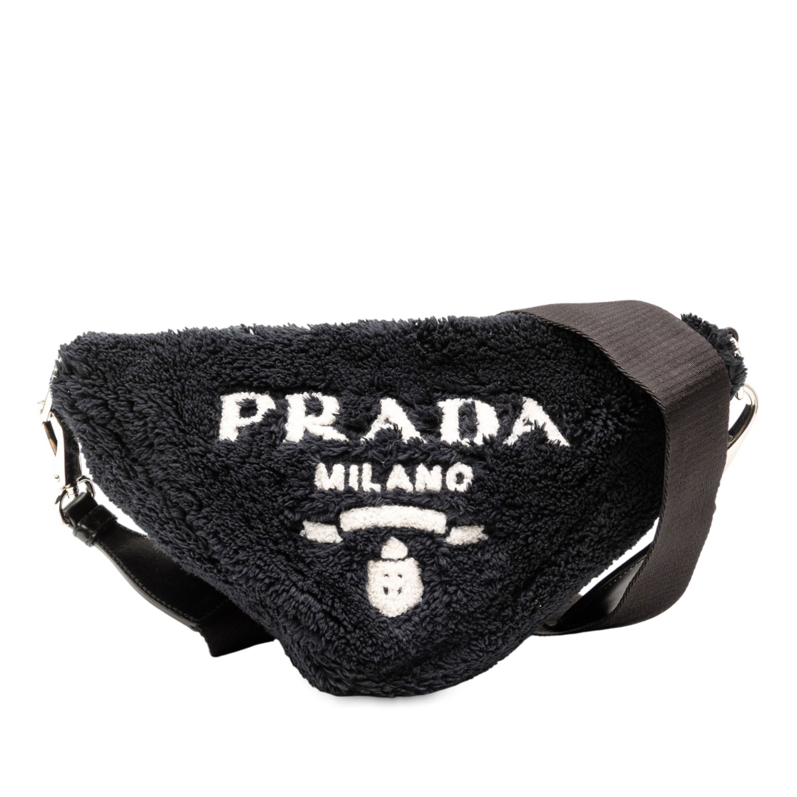 Prada Spugna Terry Cloth Triangle Logo Black Crossbody Bag: Prada Spugna Terry Cloth Triangle Logo Black Crossbody Bag This Prada Spugna Terry Cloth Triangle Logo Crossbody bag is a stylish and practical accessory, crafted from soft terry cloth in a classic bl