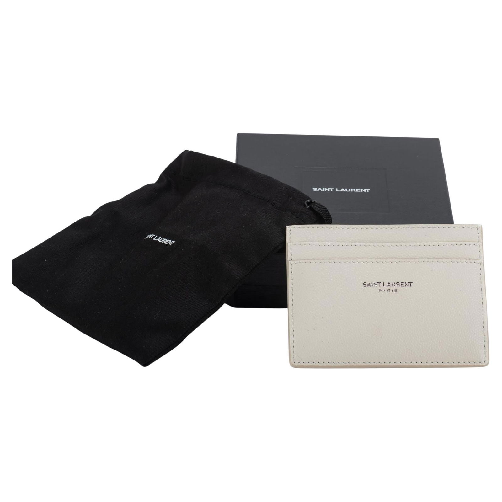 Yves Saint Laurent White Pebbled Leather Credit Card Case with Box: Yves Saint Laurent White Pebbled Leather Credit Card Case with Box Elevate your accessory collection with this Yves Saint Laurent white pebbled leather credit card case. Designed for functionality and