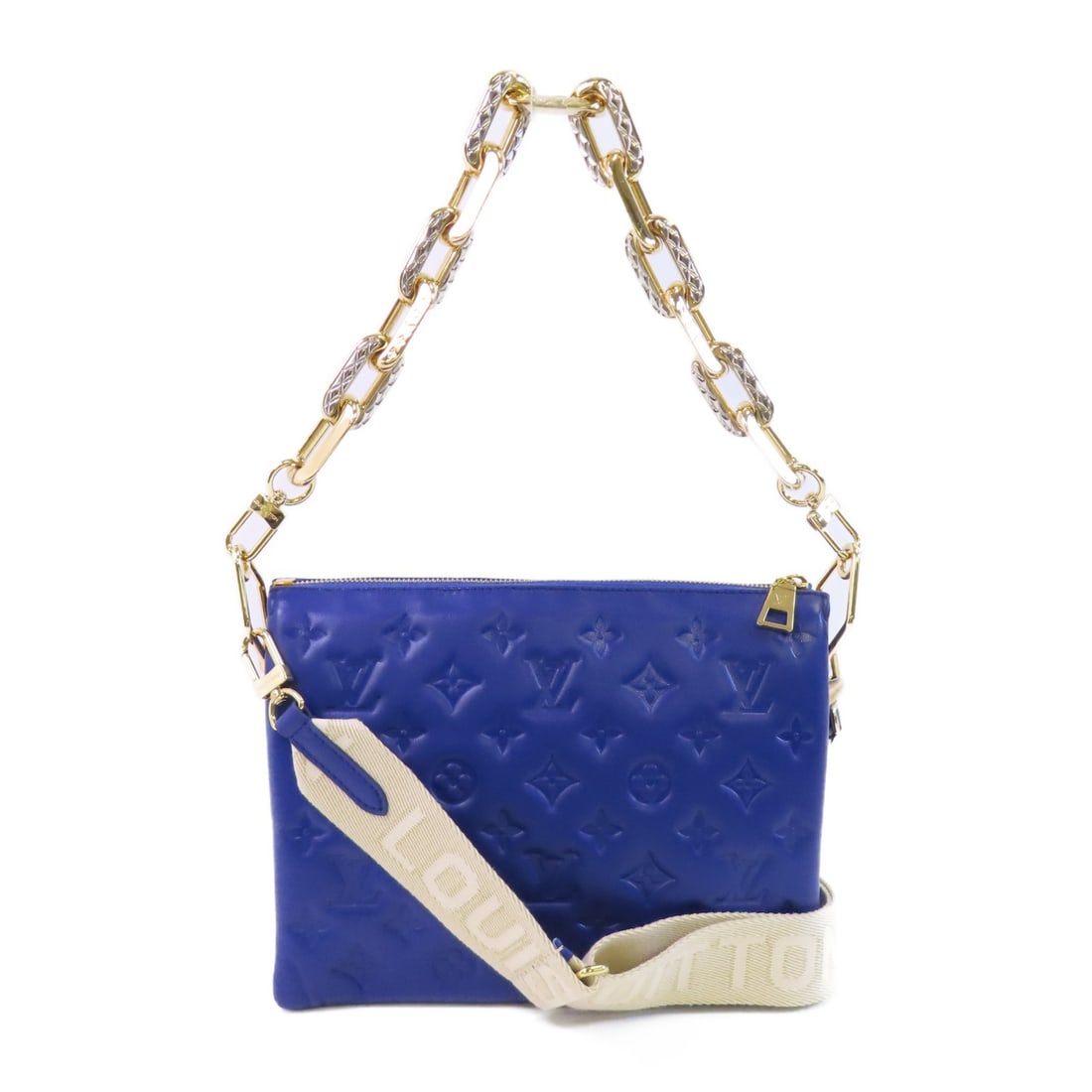 Louis Vuitton Coussin PM Blue Calfskin Monogram Embossed Shoulder Bag: Louis Vuitton Coussin PM Blue Calfskin Monogram Embossed Shoulder Bag This Louis Vuitton Coussin PM handbag features a monogram-embossed blue calfskin exterior and offers versatile 2-way use as a shou