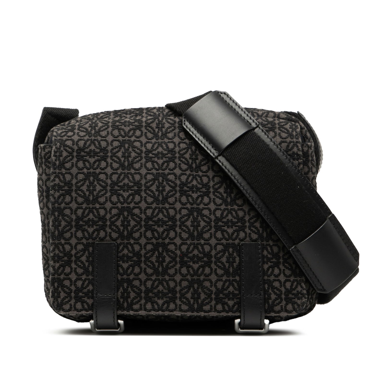 LOEWE XS Anagram Military Canvas Crossbody Bag Black: LOEWE XS Anagram Military Canvas Crossbody Bag Black The LOEWE XS Anagram Canvas Military Messenger Bag is a stylish crossbody bag crafted from durable canvas with leather trim. It features an adjusta