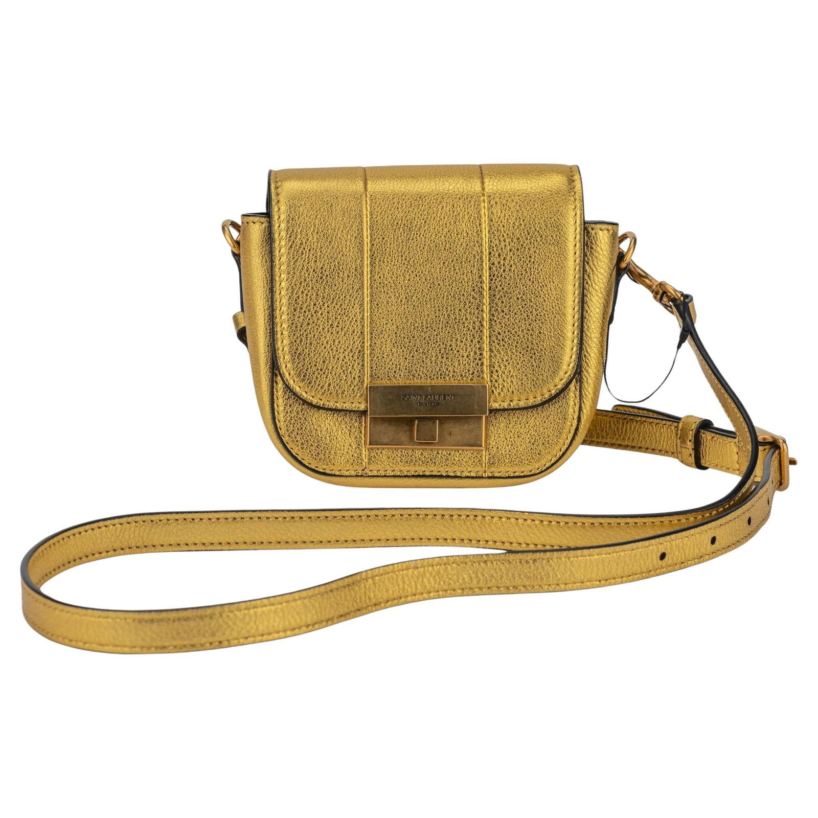 YSL Mini Betty Cross Body Bag Metallic Gold Calfskin: YSL Mini Betty Cross Body Bag Metallic Gold Calfskin Elevate your evening look with this stunning Yves Saint Laurent mini Betty cross body bag. Crafted from luxurious calfskin, this brand new bag feat