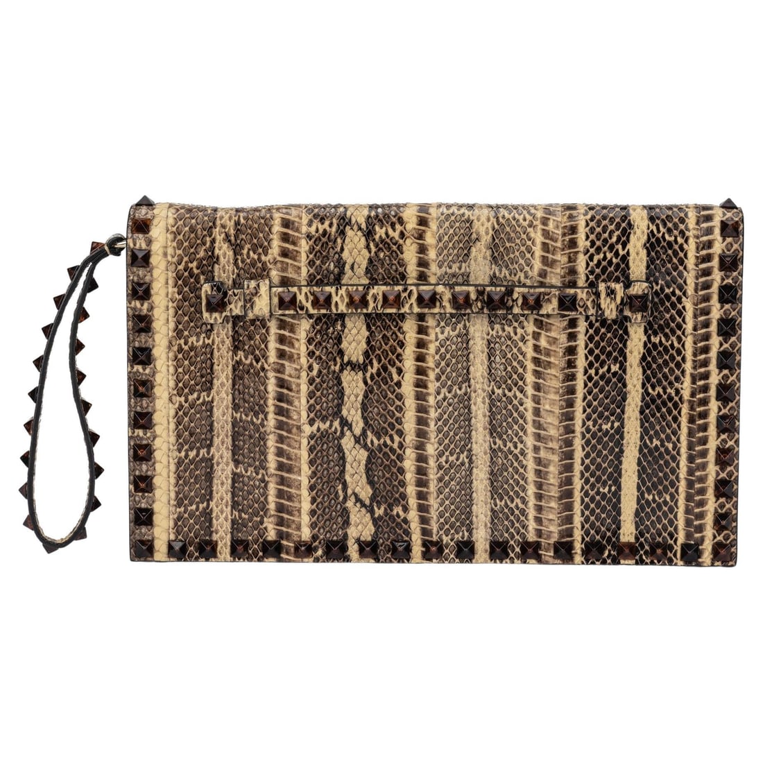 Valentino Python Rock Stud Clutch by Pierpaolo Piccioli: Valentino Python Rock Stud Clutch by Pierpaolo Piccioli Introducing the Valentino Python Rock Stud Clutch, designed by Pierpaolo Piccioli. This stunning clutch features a luxurious python exterior ado