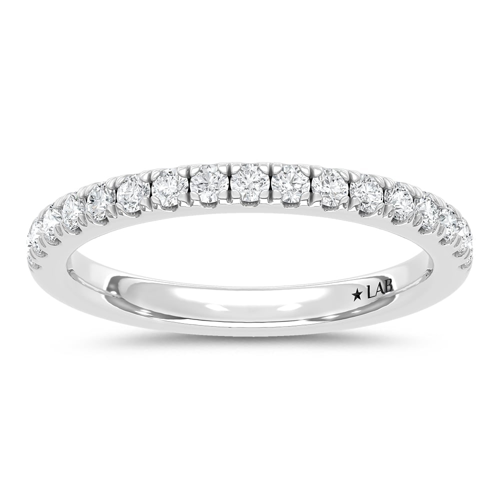 14K White Gold Lab Grown Diamond 3/8 Ct.Tw. Wedding Band: 14K White Gold Lab Grown Diamond 3/8 Ct.Tw. Wedding Band This 14K White Gold Anniversary Band, adorned with 3/8 Ct.Tw. of Lab Grown Diamonds, is a symbol of refined sophistication. The classic white g
