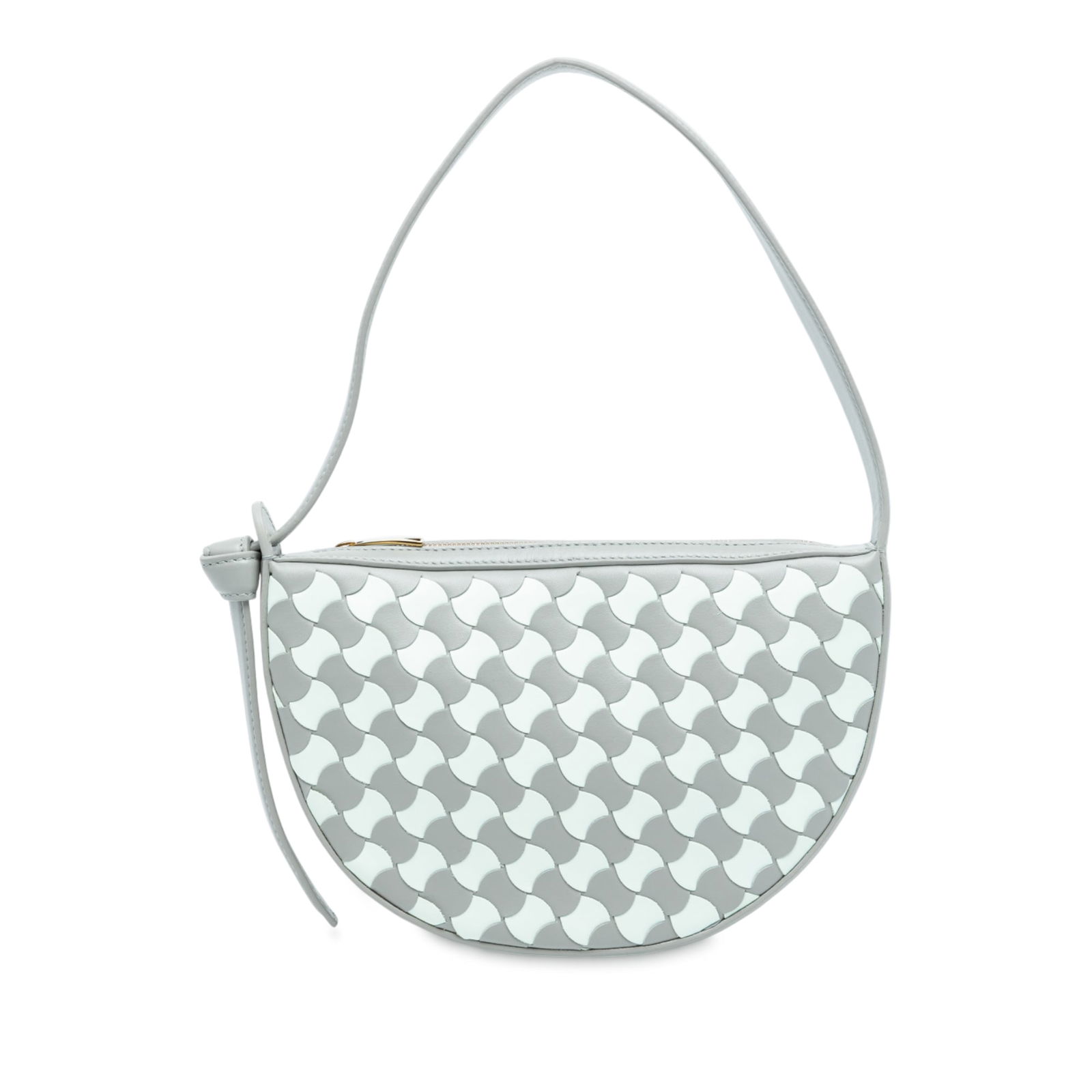 Mini Intrecciato Sunrise Hobo Shoulder Bag by Bottega Veneta: Mini Intrecciato Sunrise Hobo Shoulder Bag by Bottega Veneta This Bottega Veneta Mini Leather Intrecciato Sunrise Hobo is a stylish shoulder bag crafted from woven leather in a gray hue. It features a