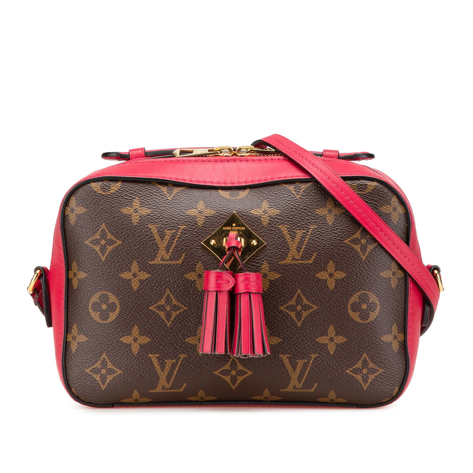 Louis Vuitton Saintonge Brown Monogram Canvas Shoulder Bag with Leather Trim: Louis Vuitton Saintonge Brown Monogram Canvas Shoulder Bag with Leather Trim The Louis Vuitton Monogram Saintonge bag features a classic monogram canvas with leather trim. It is designed with a flat l