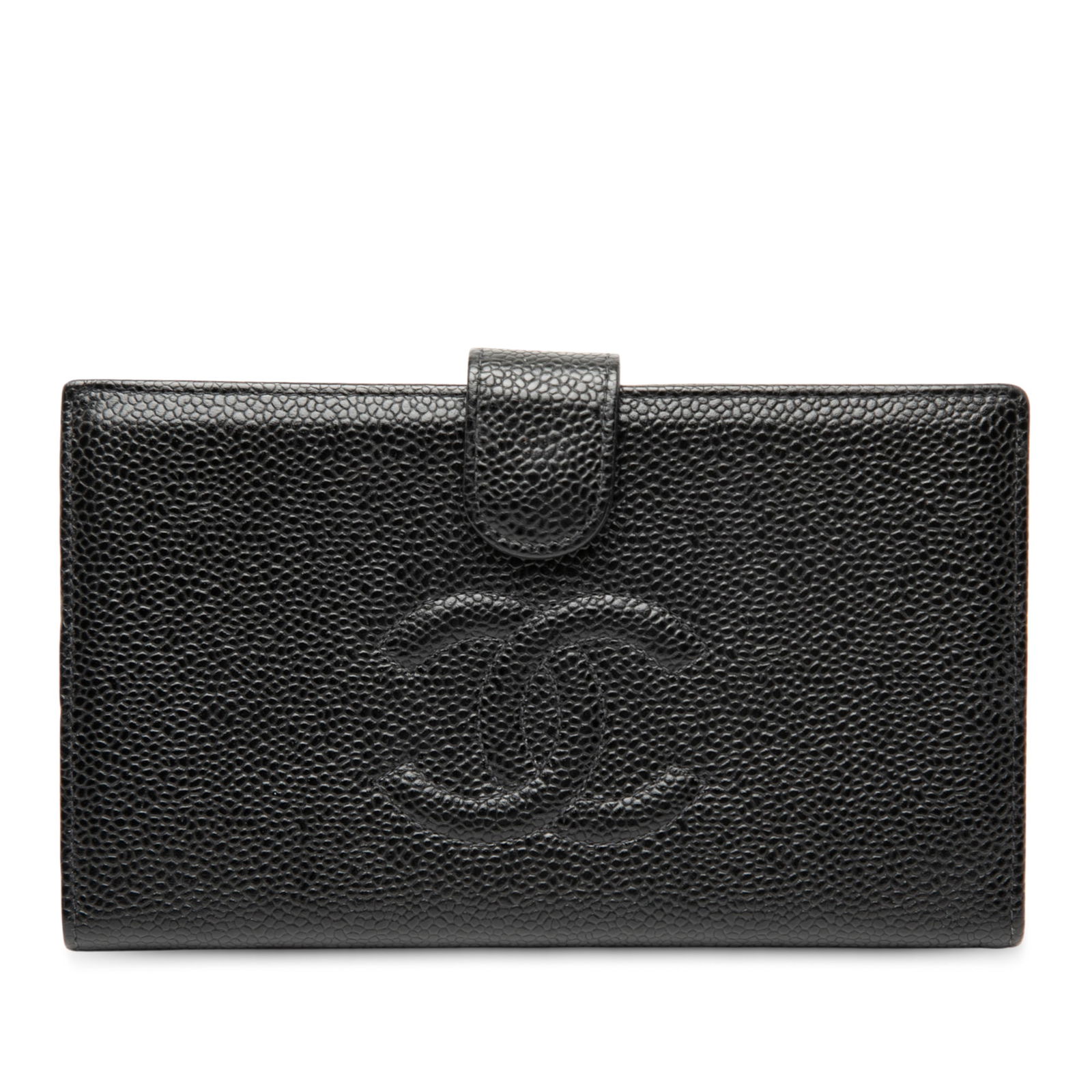 Black Caviar Leather French Bifold Long Wallet by Chanel CC: Black Caviar Leather French Bifold Long Wallet by Chanel CC This Chanel CC Caviar Bifold French Long Wallet features a caviar leather exterior in black, a front strap with snap button closure, and an