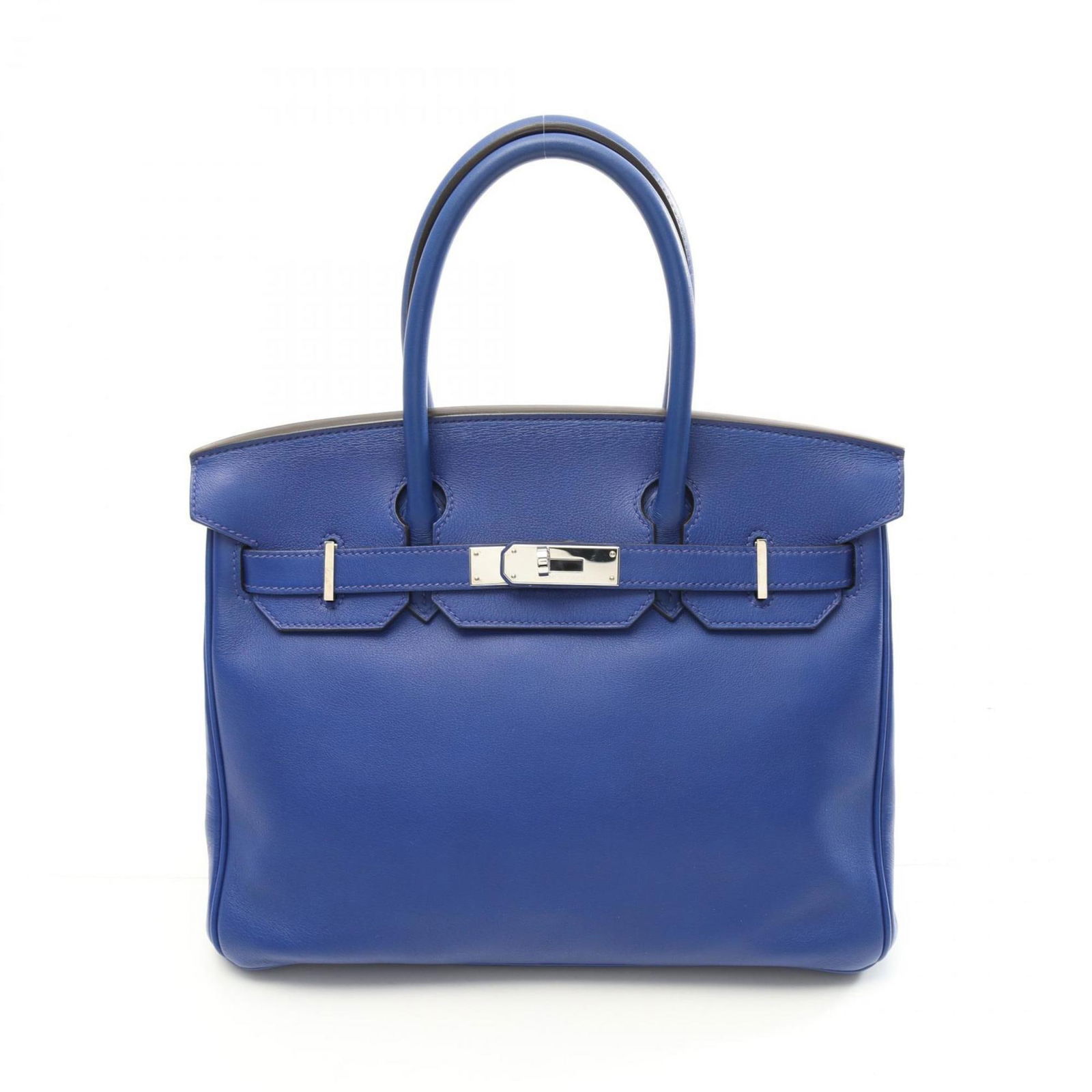 Blue Leather Hermes Birkin 30 Handbag with 24cm x 30cm x 15cm Dimensions: Blue Leather Hermes Birkin 30 Handbag with 24cm x 30cm x 15cm Dimensions This Hermes Birkin 30 is a leather handbag designed for women, featuring a blue color and crafted in France. The bag has a stru