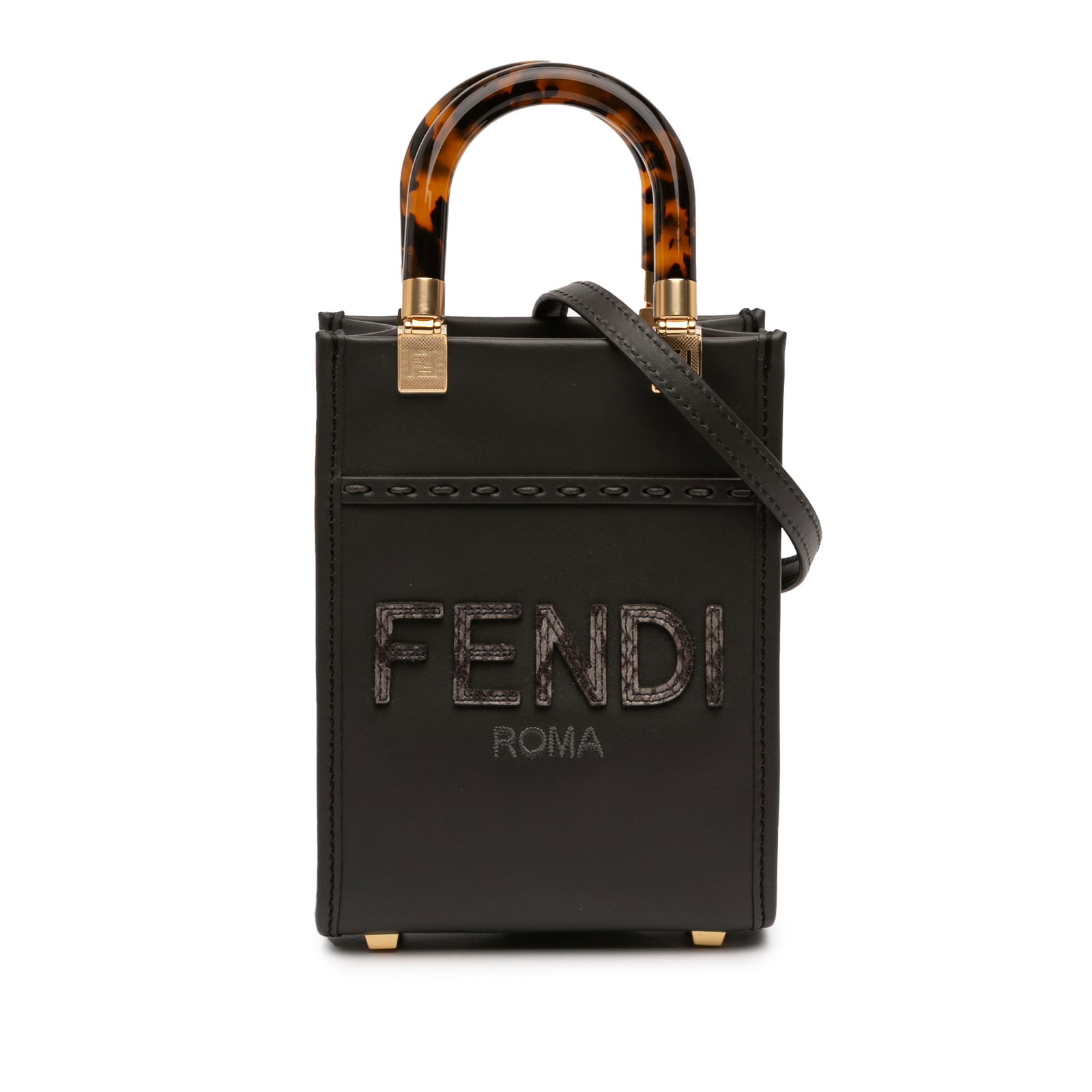 Fendi Mini Sunshine Shopper Black Leather Tote With Acrylic Handles: Fendi Mini Sunshine Shopper Black Leather Tote With Acrylic Handles This Fendi Mini Sunshine Shopper Tote features a sleek leather body in black, complemented by rolled acrylic top handles and a detac
