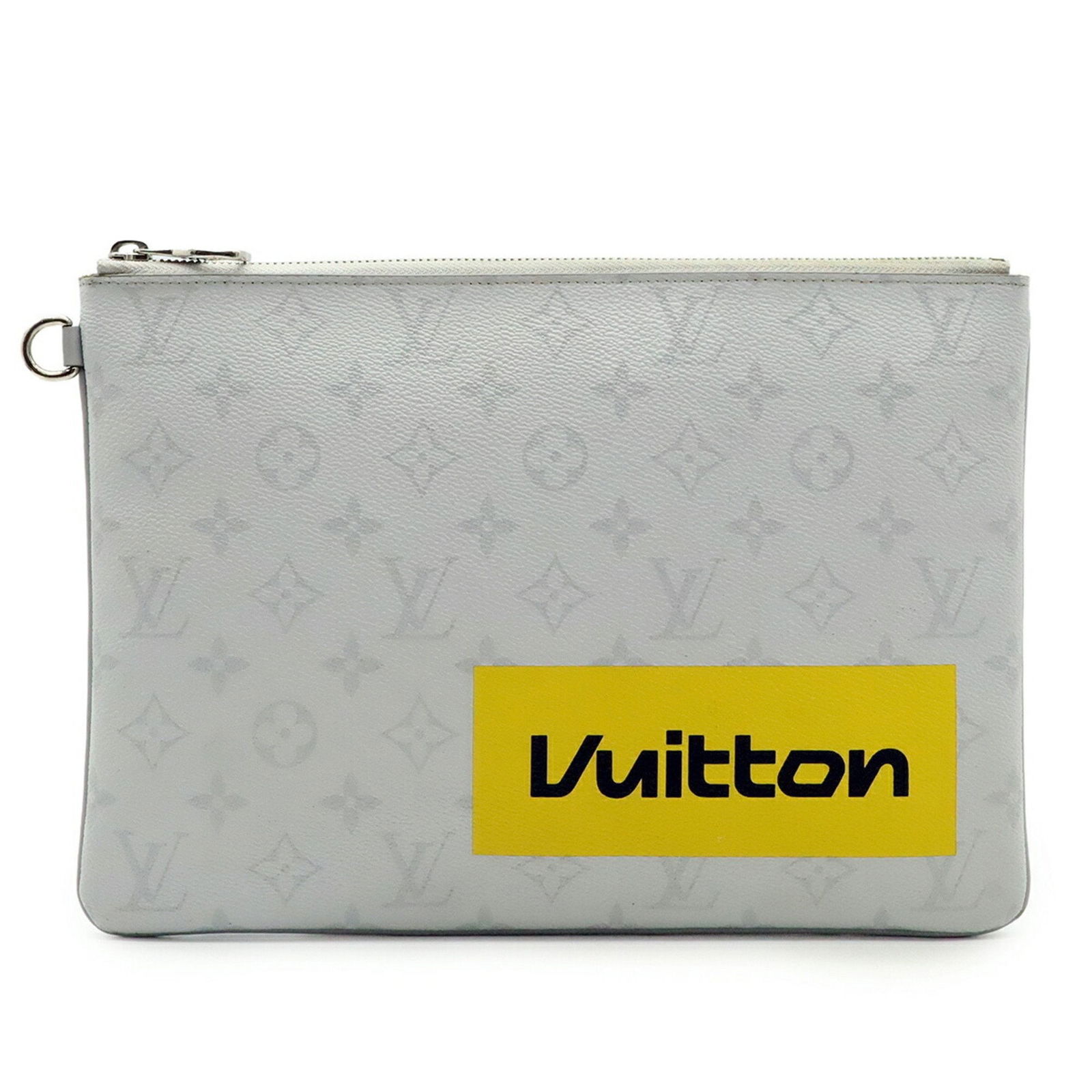 Grey Canvas Clutch 19.5cm x 28cm by Louis Vuitton: Grey Canvas Clutch 19.5cm x 28cm by Louis Vuitton This Louis Vuitton women's bag features a grey canvas exterior and silver-plated hardware. The bag shows border cracks on the outside, slight stains o