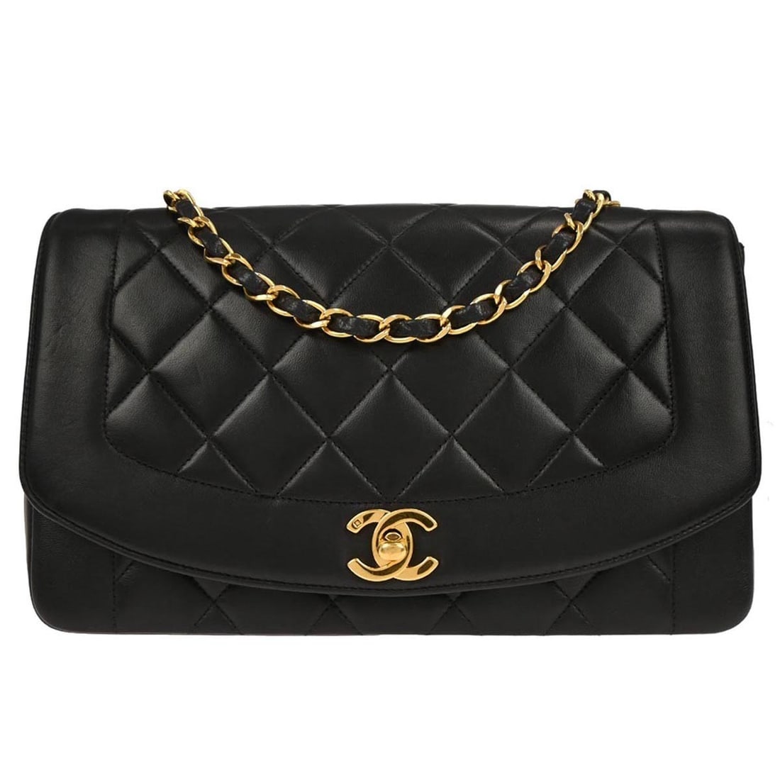 Medium Diana Shoulder Bag Black Lambskin Leather by Chanel: Medium Diana Shoulder Bag Black Lambskin Leather by Chanel This Chanel Diana shoulder bag is crafted from luxurious black lambskin leather and features a medium size with a signature quilted pattern.