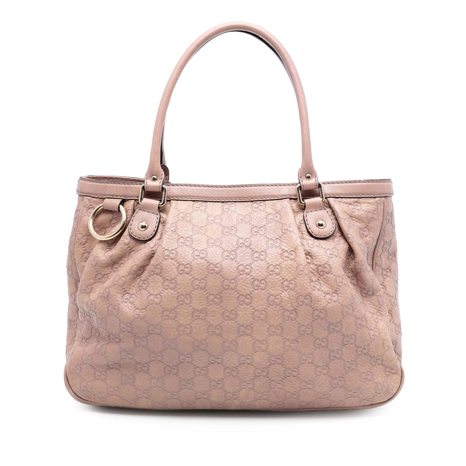 Gucci Sukey Pink Embossed Leather Tote Bag with Rolled Handles: Gucci Sukey Pink Embossed Leather Tote Bag with Rolled Handles The Guccissima Sukey Tote is crafted from embossed leather in a pink color and features rolled leather straps, an open top with a magneti