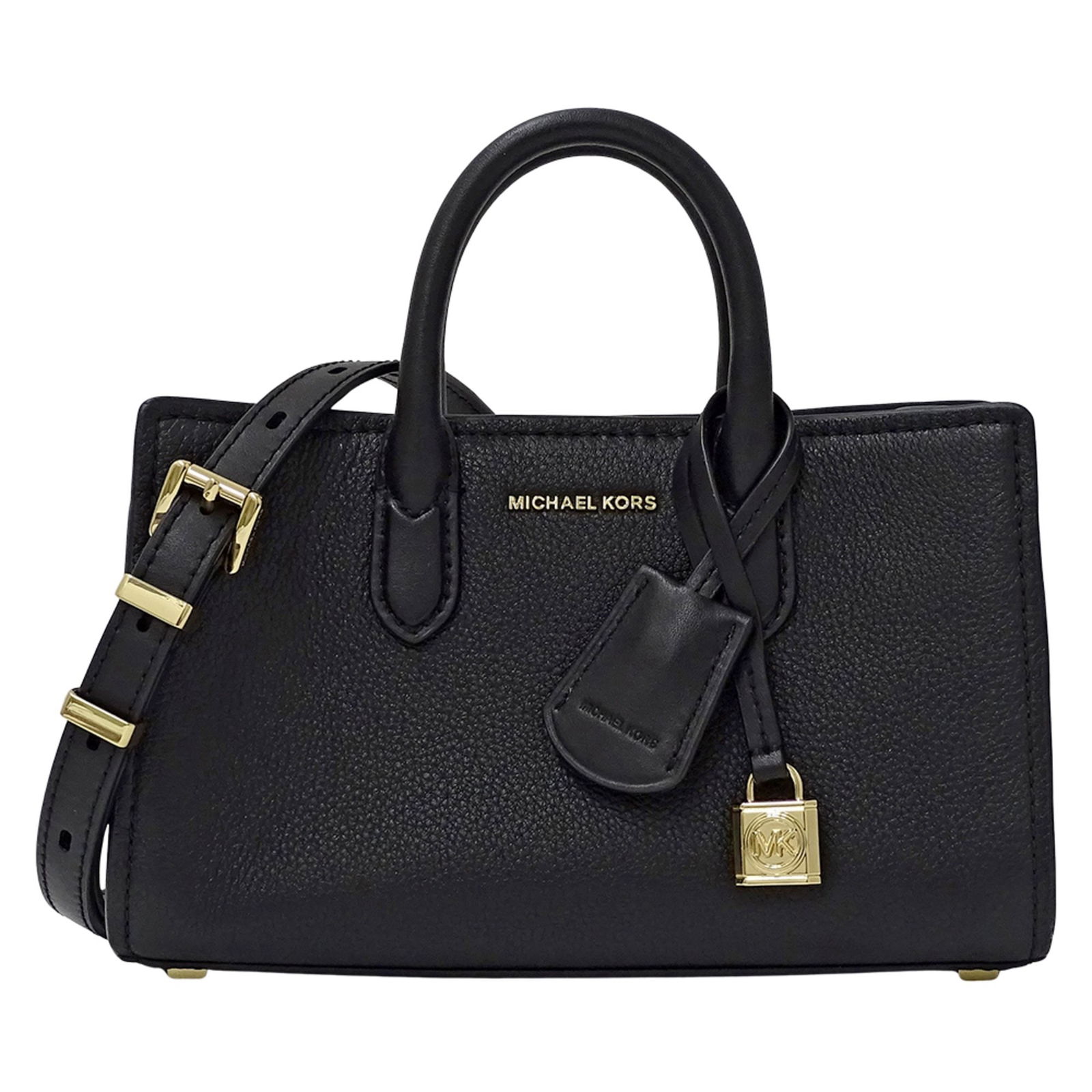 Black Leather Shoulder Bag by Michael Kors: Black Leather Shoulder Bag by Michael Kors This Michael Kors women's handbag is crafted from black leather and features a compact, structured design. The bag is made in Vietnam and shows a slight loss