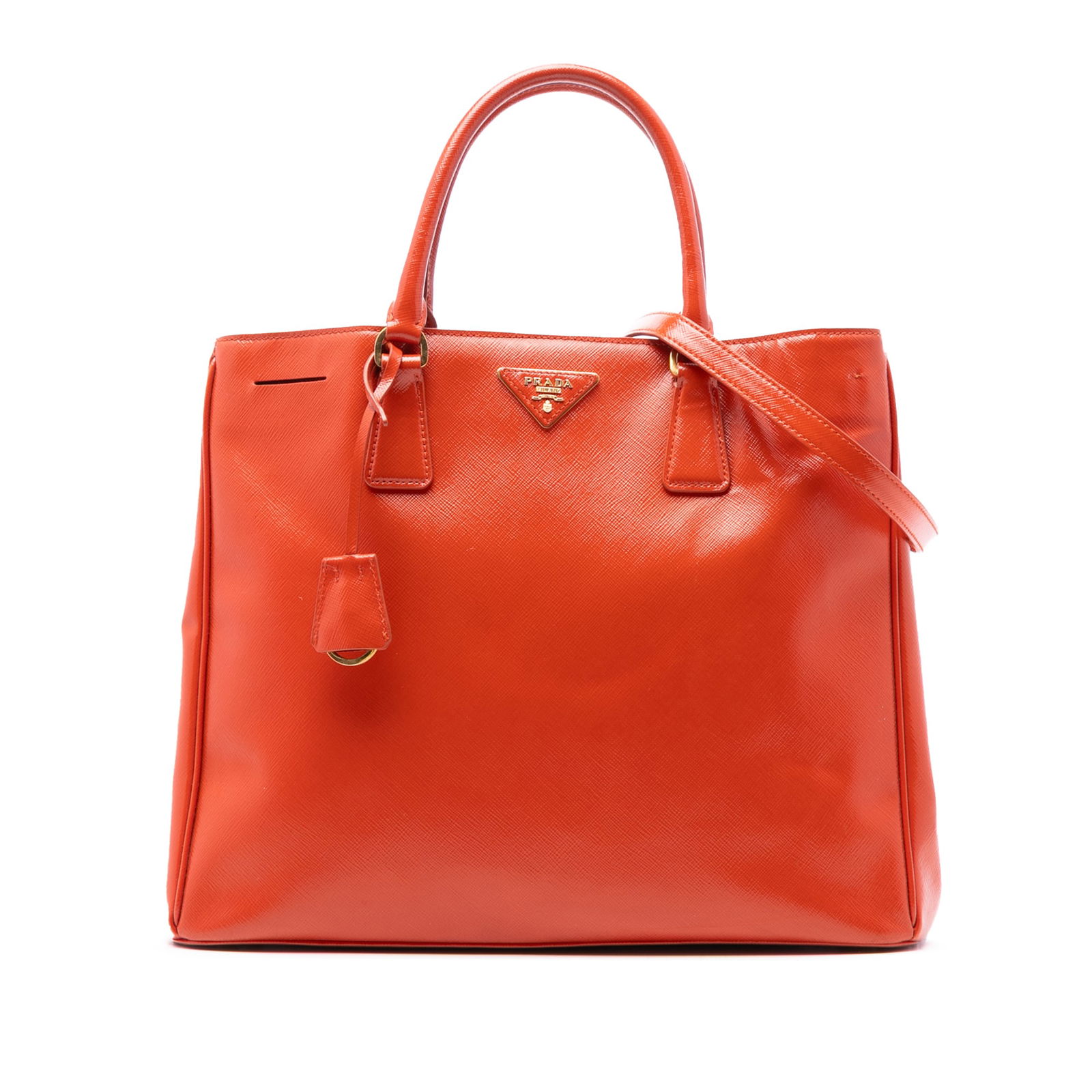 Prada Galleria Orange Patent Saffiano Leather Large Satchel with Strap: Prada Galleria Orange Patent Saffiano Leather Large Satchel with Strap This Prada Large Saffiano Vernice Galleria Satchel showcases an orange patent saffiano leather exterior with rolled handles and a
