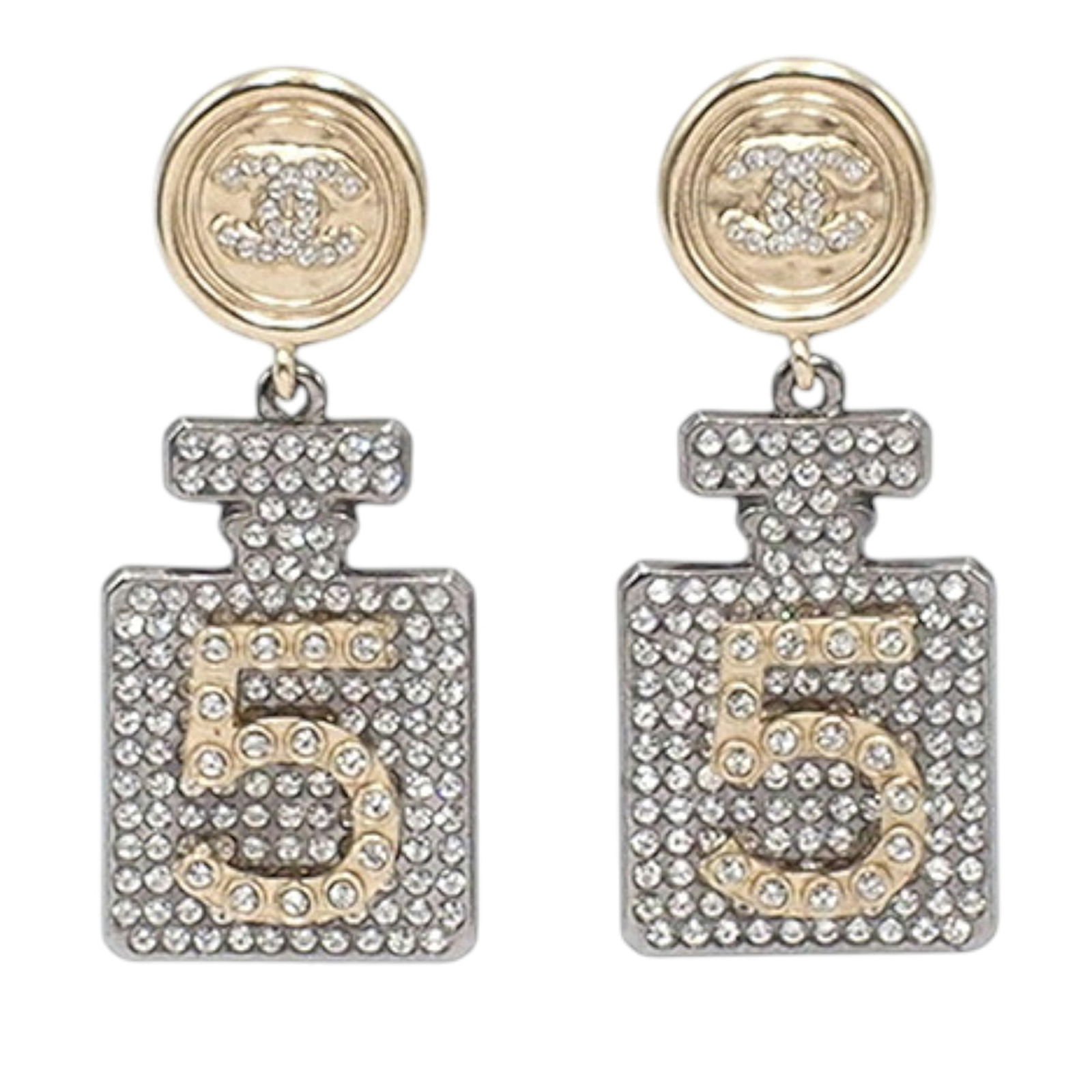 Chanel CC Rhinestone Perfume Bottle Drop Earrings Gold and Silver Tone: Chanel CC Rhinestone Perfume Bottle Drop Earrings Gold and Silver Tone These Chanel drop earrings feature a gold-tone and silver-tone metal design accented with rhinestone details. The earrings have a