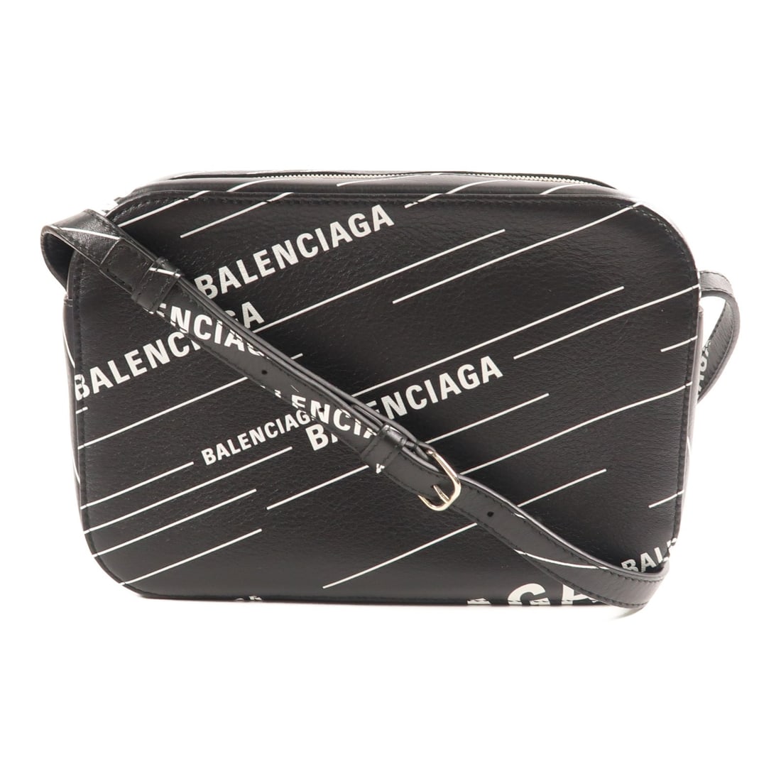 Balenciaga Calfskin Shoulder Bag Black and White with Silver Tone Hardware: Balenciaga Calfskin Shoulder Bag Black and White with Silver Tone Hardware This Balenciaga shoulder bag features a sleek design crafted from black calfskin leather with white accents. Made in France,