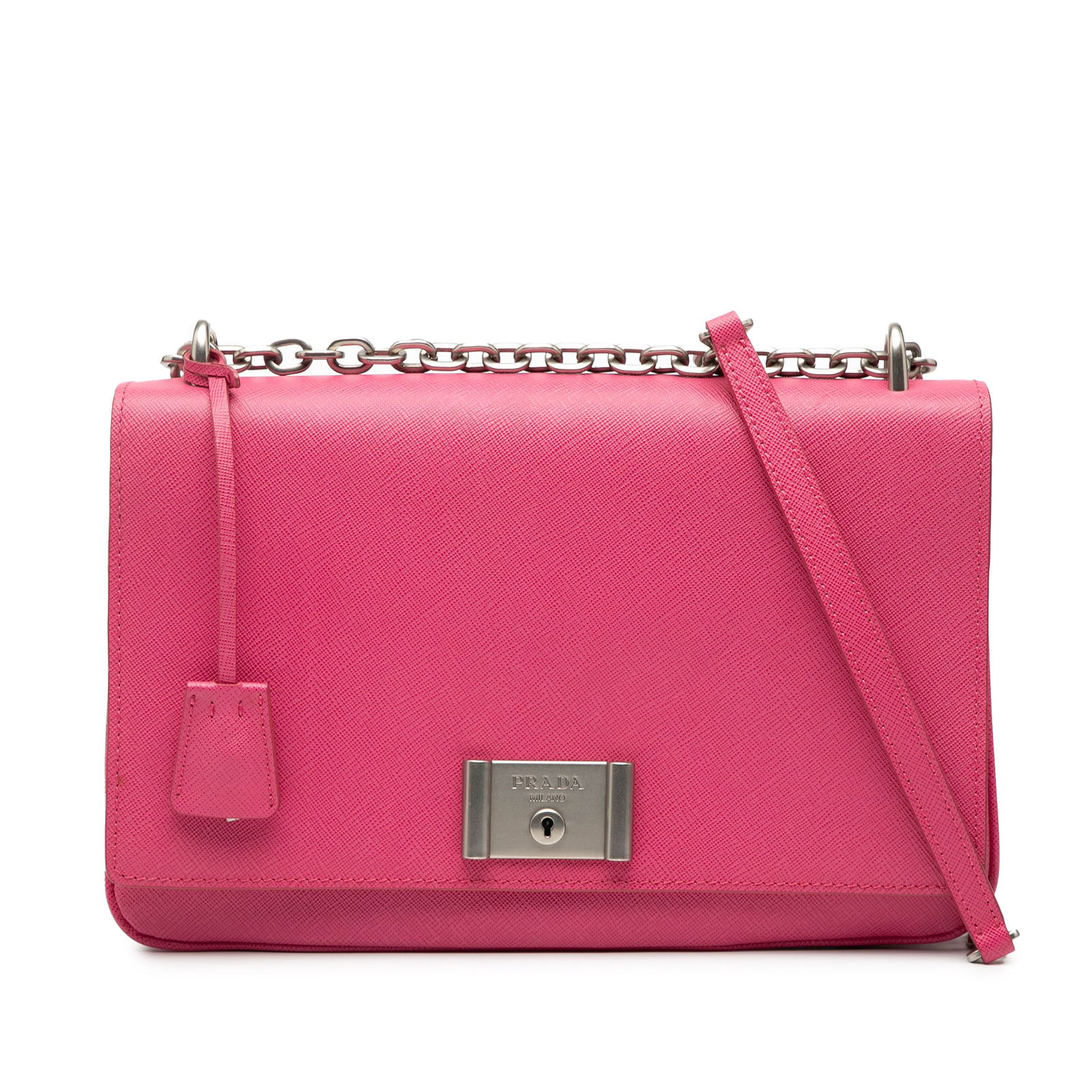 Prada Saffiano Lux Pink Leather Chain Lock Crossbody Bag: Prada Saffiano Lux Pink Leather Chain Lock Crossbody Bag This Prada Saffiano Lux Lock Chain Flap is a pink crossbody bag crafted from saffiano leather. It features a chain link strap with a leather gu