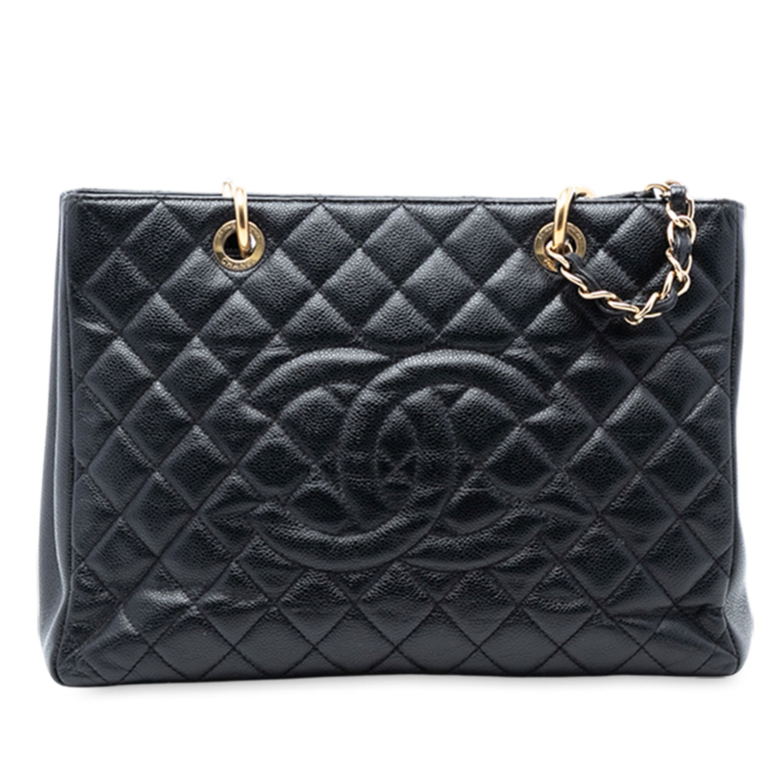 Black Chanel Caviar Leather Grand Shopping Tote with Quilted Design: Black Chanel Caviar Leather Grand Shopping Tote with Quilted Design This Chanel Grand Shopping Tote features a quilted Caviar leather body in black, complemented by leather-woven chain shoulder straps