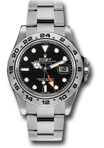2014 Explorer II Ref 216570 Black Dial Oyster Bracelet with Card: 2014 Explorer II Ref 216570 Black Dial Oyster Bracelet with Card This Rolex Explorer II features a black dial and comes on an Oyster bracelet. The watch is the 216570 reference and includes a fixed be