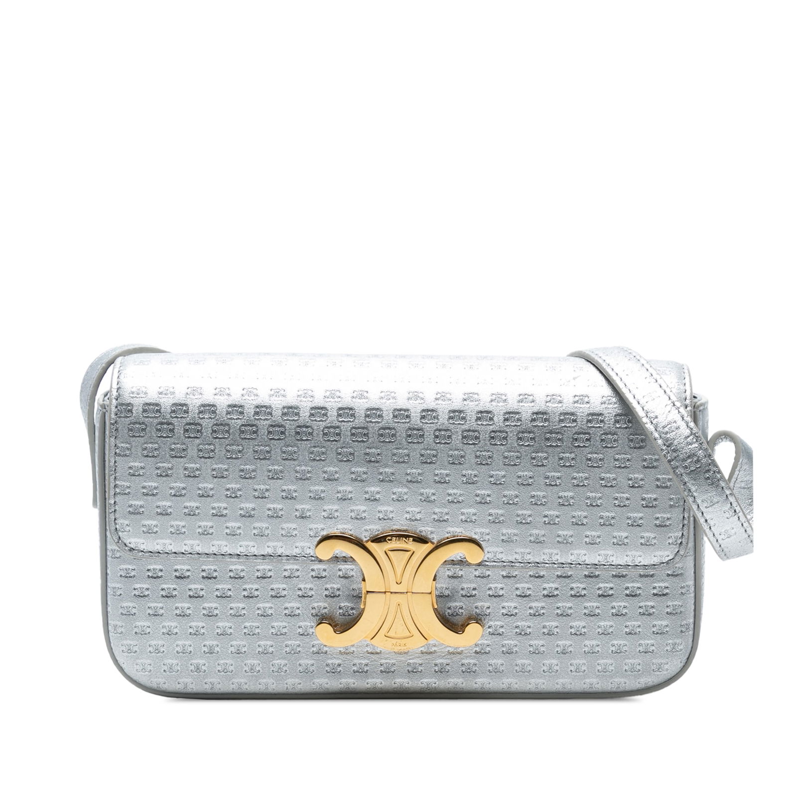 Celine Triomphe Laminated Calfskin Claude Shoulder Bag Silver: Celine Triomphe Laminated Calfskin Claude Shoulder Bag Silver Introducing the Celine Triomphe All Over Laminated Calfskin Claude Shoulder Bag, a sophisticated accessory that combines style and functio