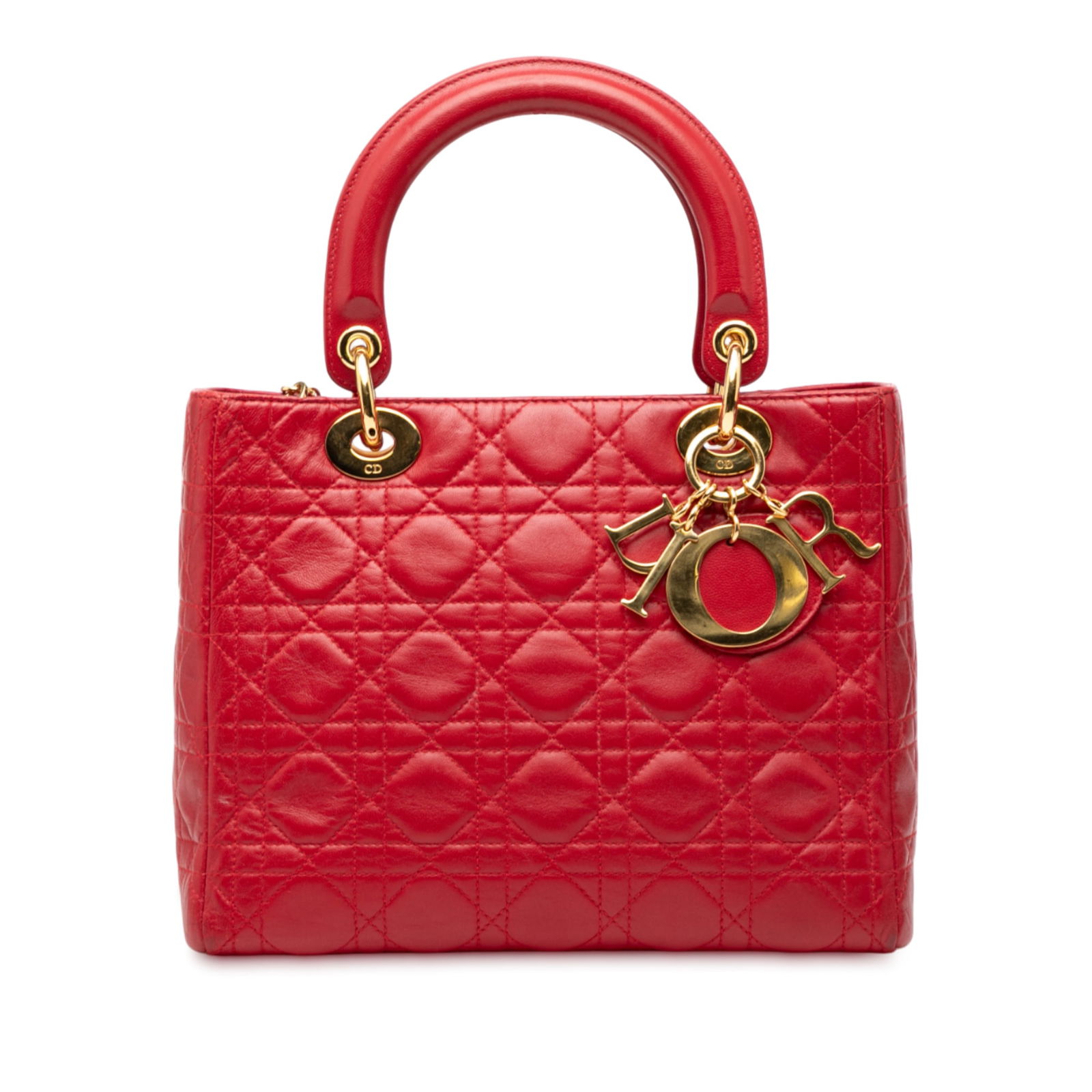 Dior Lady Dior Medium Red Cannage Lambskin Leather Handbag: Dior Lady Dior Medium Red Cannage Lambskin Leather Handbag This Lady Dior handbag features a quilted lambskin leather body in red, flat leather top handles, a top zip closure, and an interior zip pock