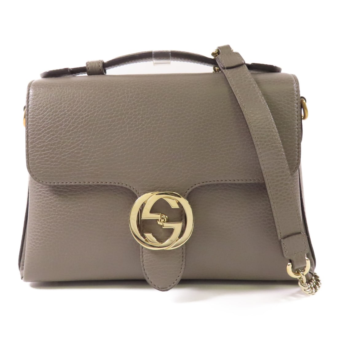GUCCI GG Interlock Chain 2 Way Shoulder Bag Leather Gray: GUCCI GG Interlock Chain 2 Way Shoulder Bag Leather Gray This stylish GUCCI GG Interlock Chain 2 Way Bag is a versatile accessory that can be worn as a shoulder bag or carried by hand. Crafted from pr
