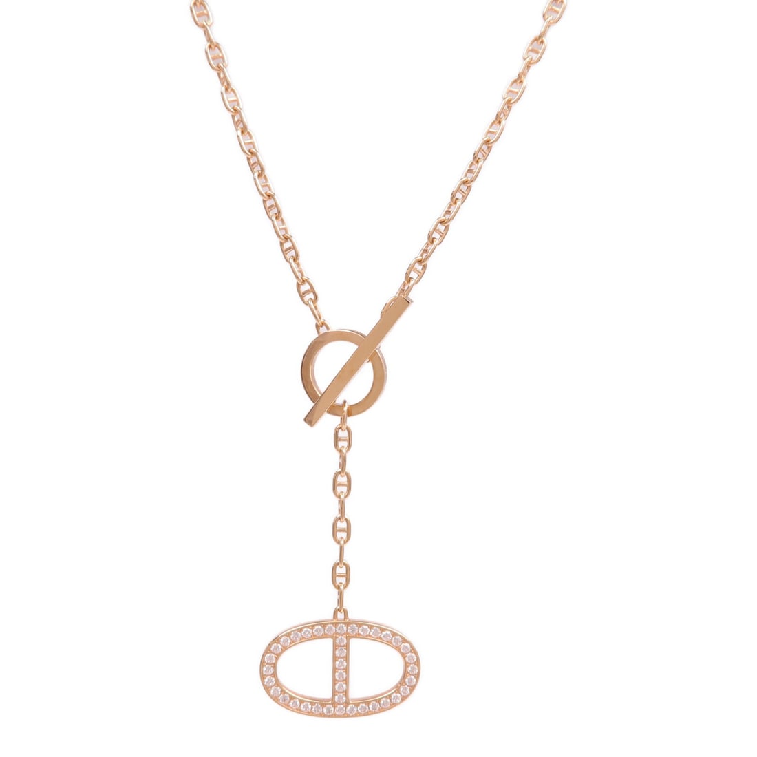 Diamond Pendant Necklace in 18K Rose Gold Chaine d'ancre by Hermes: Diamond Pendant Necklace in 18K Rose Gold Chaine d'ancre by Hermes This Hermes Chaine d'Ancre Contour pendant necklace features a diamond set in 18K pink gold. Crafted in France, it showcases elegant