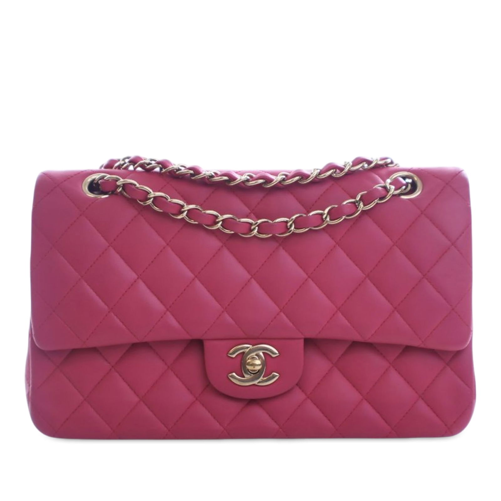 Chanel Medium Classic Lambskin Double Flap Pink Bag: Chanel Medium Classic Lambskin Double Flap Pink Bag This Chanel Medium Classic Lambskin Double Flap shoulder bag showcases a luxurious quilted lambskin body, complemented by leather woven chain link s