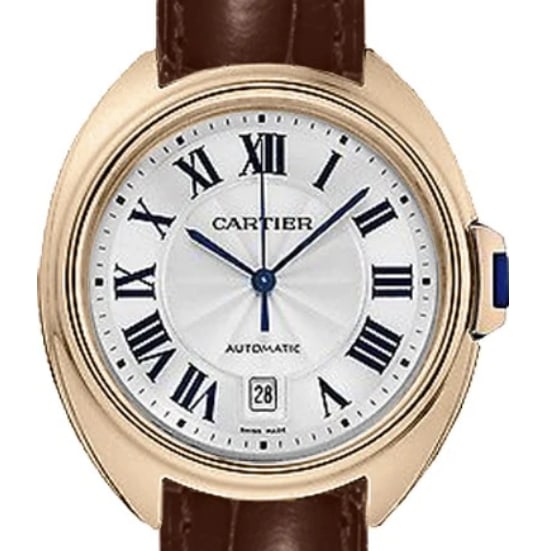 Cartier Cle Ladies Watch Ref 3947/WGCL0010 Silver Roman Dial Maroon Leather with Papers: Cartier Cle Ladies Watch Ref 3947/WGCL0010 Silver Roman Dial Maroon Leather with Papers This Cartier Cle watch features a silver Roman numeral dial, smooth bezel, and maroon leather bracelet. The refe