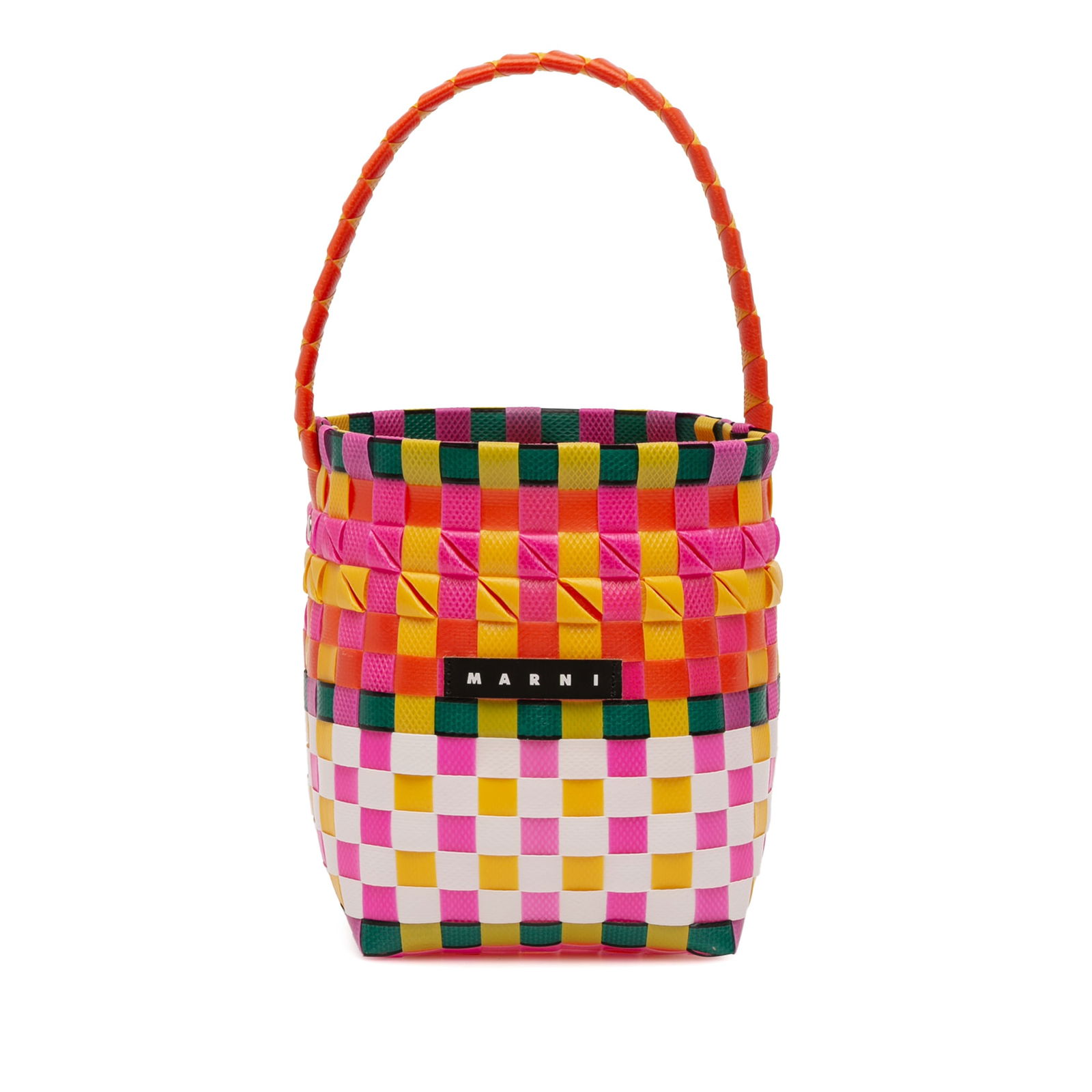 Marni Pink Plastic Woven Bucket Basket Handbag: Marni Pink Plastic Woven Bucket Basket Handbag This Marni bucket bag features a woven plastic construction in pink and is designed with a flat handle and an open top. Made in Italy, this basket-style