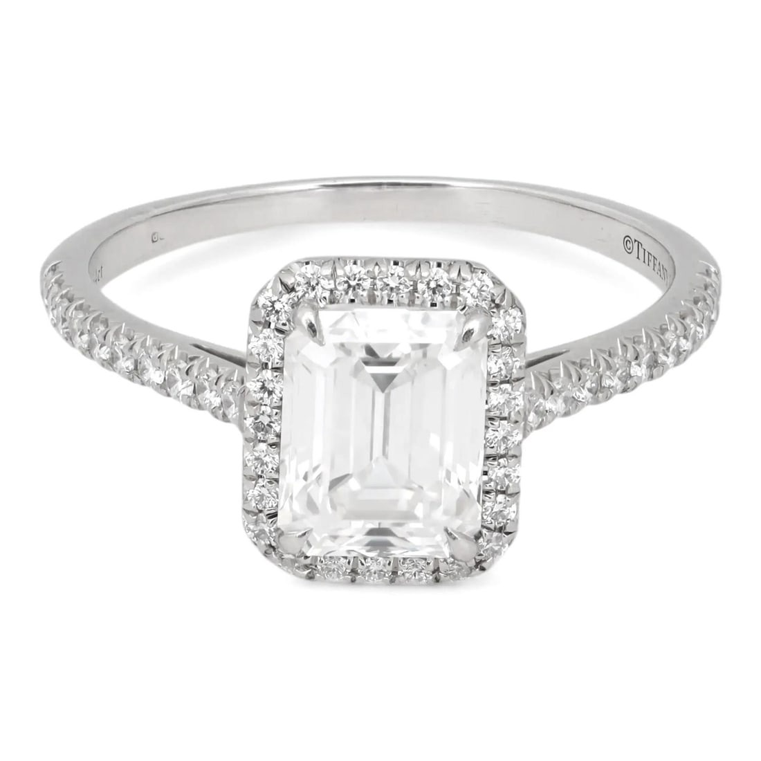 Tiffany & Co. Soleste Emerald Cut Diamond Engagement Ring 1.64ctw Platinum: Tiffany & Co. Soleste Emerald Cut Diamond Engagement Ring 1.64ctw Platinum This exquisite engagement ring from Tiffany & Co. features a stunning 1.64 carat total weight, highlighted by a prong set 0.4